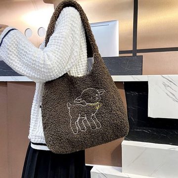 GelldG Umhängetasche Damen Plüsch Umhängetasche Große Kapazität Cartoon Stickerei Shopper