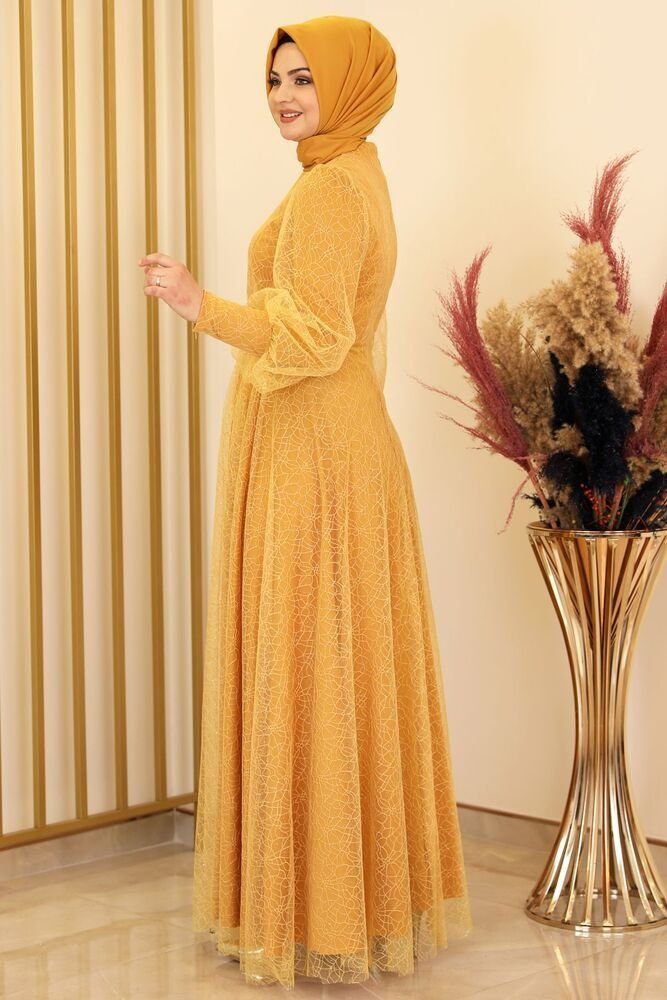 fashionshowcase Abendkleid silbriges Tüllkleid Abiye Abaya Hijab Kleid Maxikleid (SIMLI GAMZE) (ohne Hijab) Hoher Kragen, kein Ausschnitt.