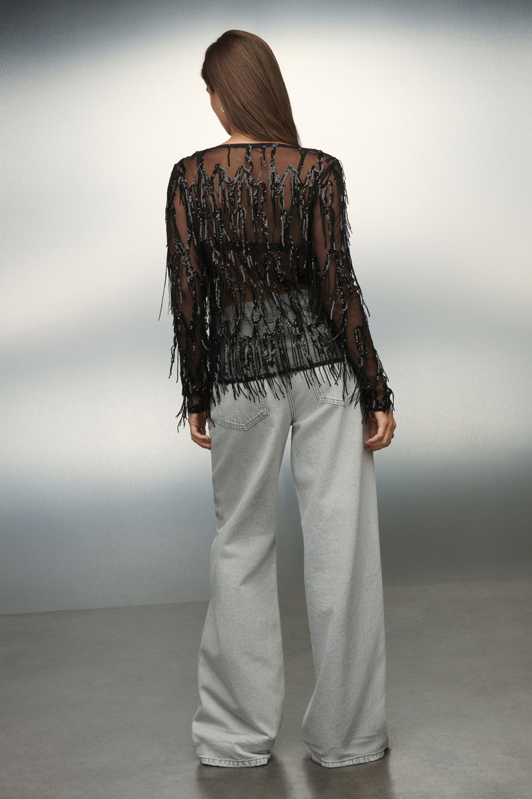 Next Langarmbluse Oberteil mit Kerbausschnitt, Pailletten + Fransen (1-tlg) günstig online kaufen