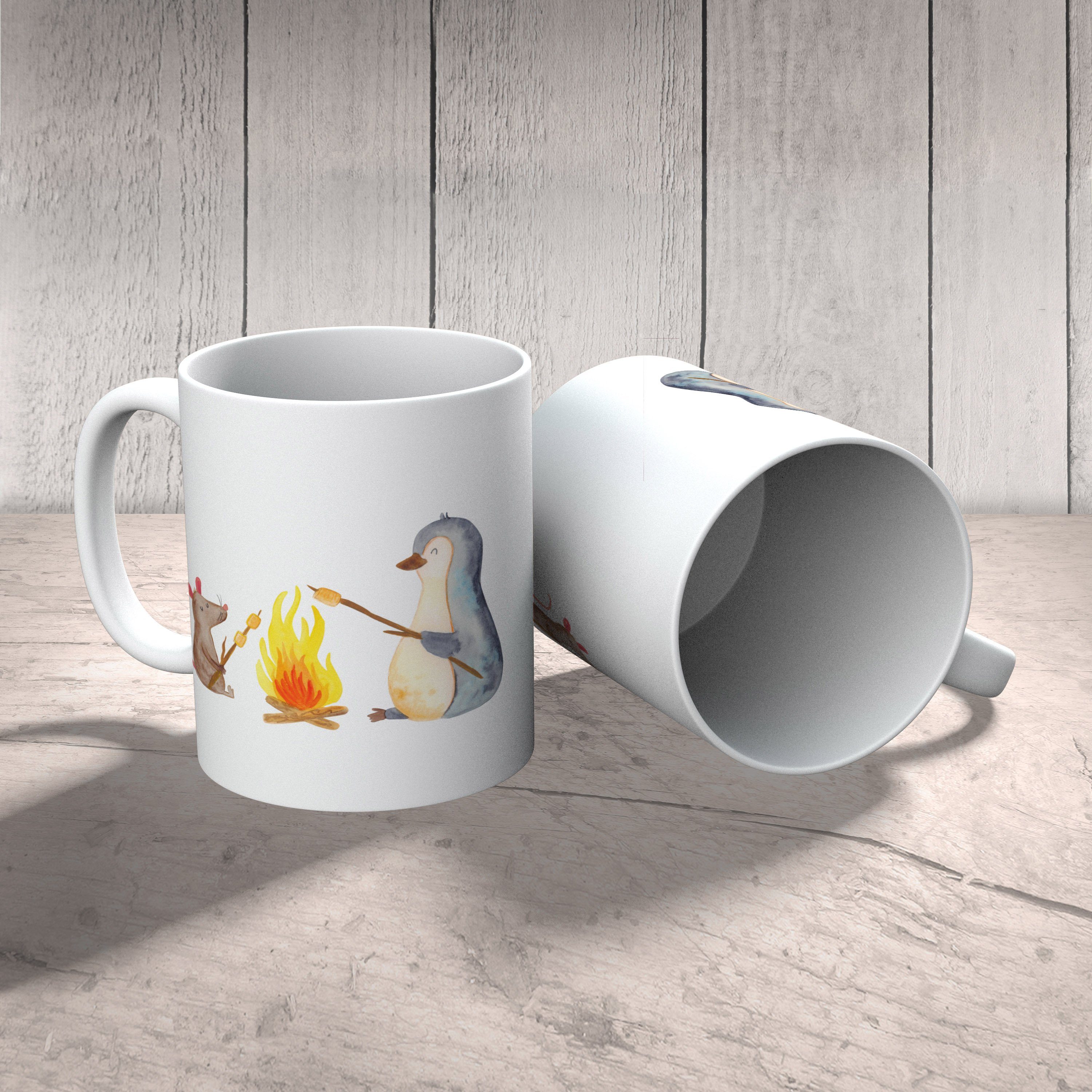 Kaffeebecher, Tasse Mr. Keramik Weiß Panda Mrs. Pinguin & Lagerfeuer Lebensmotivation, Geschenk, - -