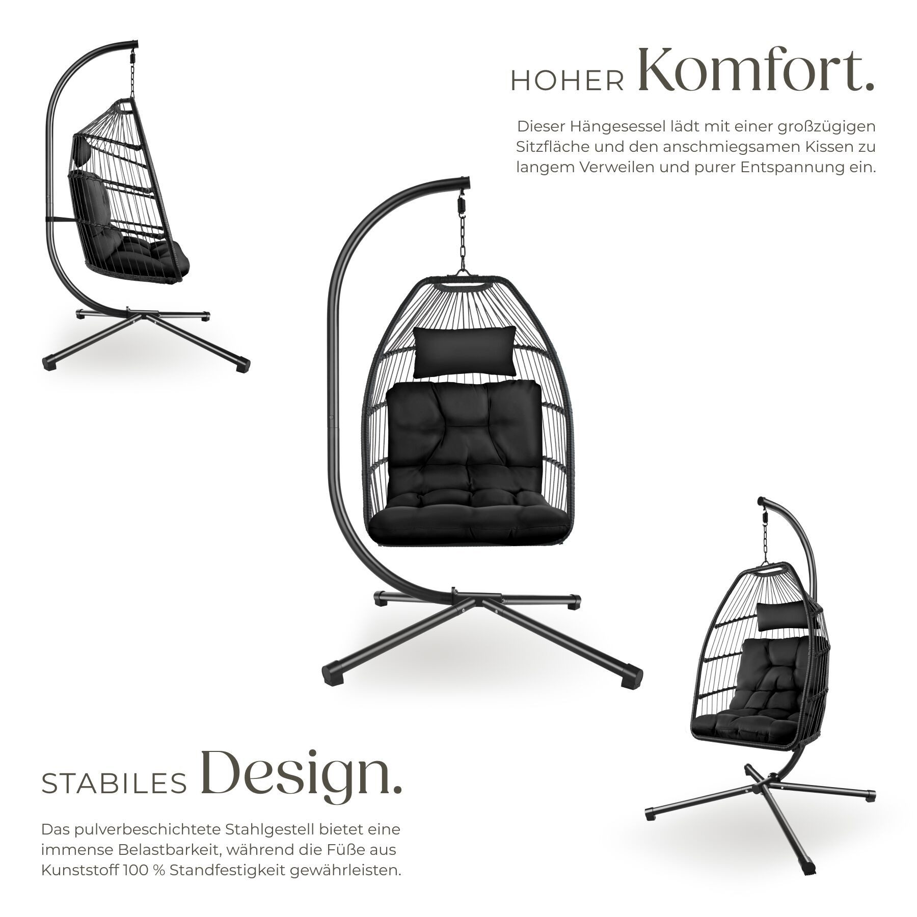 tectake Hängesessel Schwebesessel mit extra dickem Sitz- und Kopfkissen, bis 160 kg (Hängesofa Ariane, in Schwarz), Inkl. Schutzhülle und für Indoor sowie Outdoor geeignet