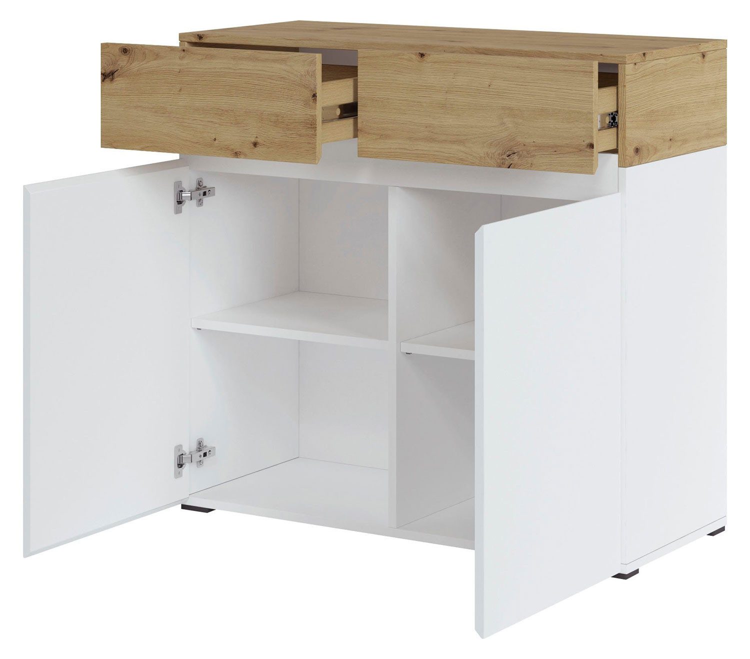 Feldmann-Wohnen Kommode Rimini (2 Holztüren, 2 Schubladen, 2 Einlegeböden, 1 St., moderne Optik, grifflos, schwarze Füße), 90x40x86cm weiß / Eiche Artisan