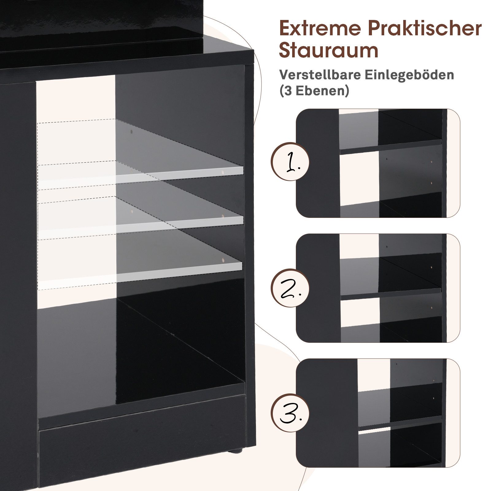 JOIVI Beistelltisch Moderner Beistelltisch im Hochglanz (Wohnzimmertisch in 60 x 32 x 62 cm, Kaffeetisch mit 2 Schuhbladen), Sofatisch für Wohnzimmer, Schlafzimmer, Büro, Schwarz