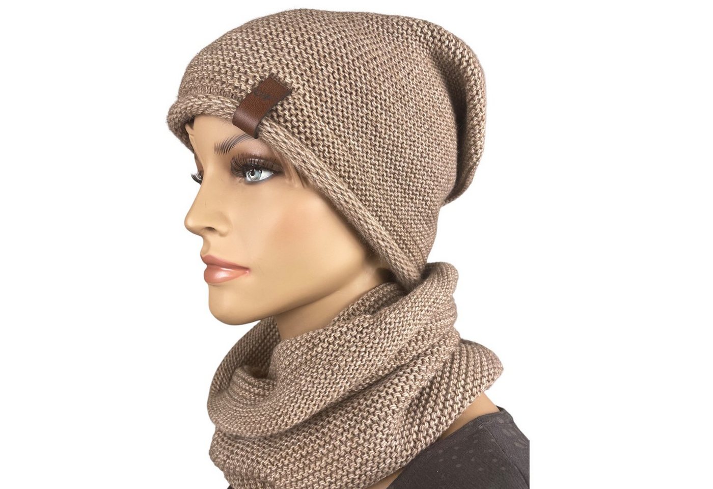Taschen4life Beanie Mütze & Schal - N-Set unisex (2 teilig, Long-Beanie & Loop-Schal) für Damen und Herren, Strick uni einfarbig, klassisch modischer Stil