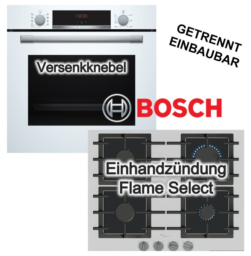 BOSCH Backofen-Set weiß EcoClean Schnellaufheizung + Gaskochfeld Einhandzündung autark