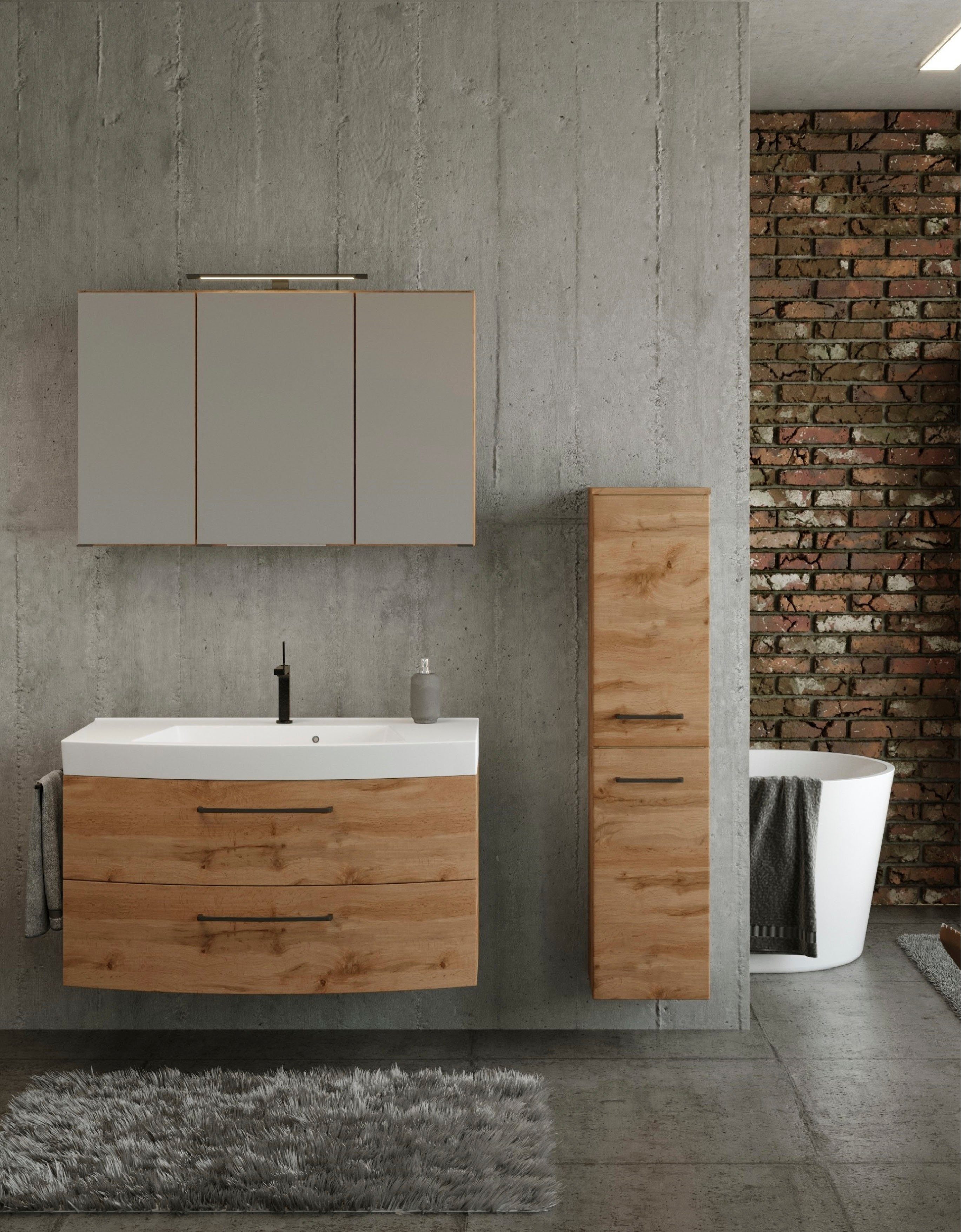 welltime Badmöbel-Set Chicago, (3-St., Spiegelschrank, Waschtisch, Midischrank), mit Mineralgussbecken