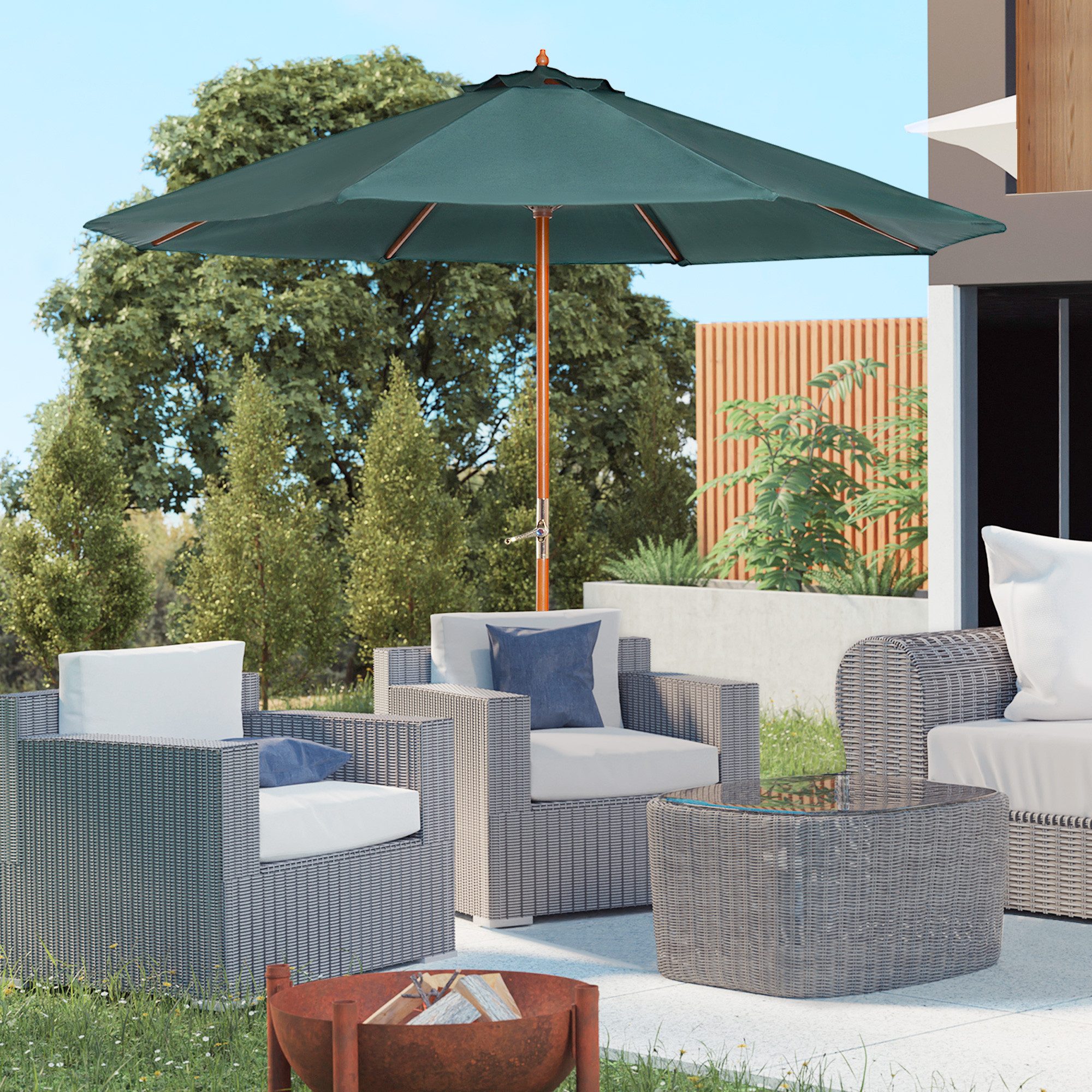 OKWISH Sonnenschirm Holz Sonnenschirm 2,5m Dunkelgrün – Gartenschirm aus Holz, LxB: 270x270 cm, Packung, Holzschirm für Balkon & Garten, Dunkelgrün, Sonnenschutz Outdoor
