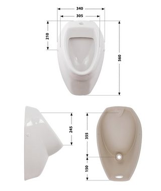 aquaSu Urinal, Keramik, Druckspüler, Abgang Hinten, (Komplettset, 4-tlg., mit Druckspüler, Absaugformstück, Winkelbefestigung), Weiß, 038973