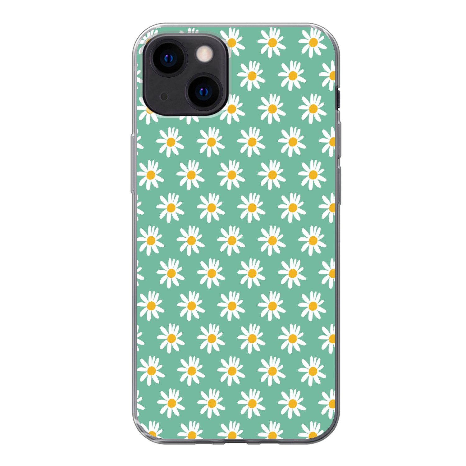 MuchoWow Handyhülle für Apple iPhone 13 Gänseblümchen - Muster - Grün - Blumen, Smartphone-Bumper, Print, Handy Schutzhülle Dünn