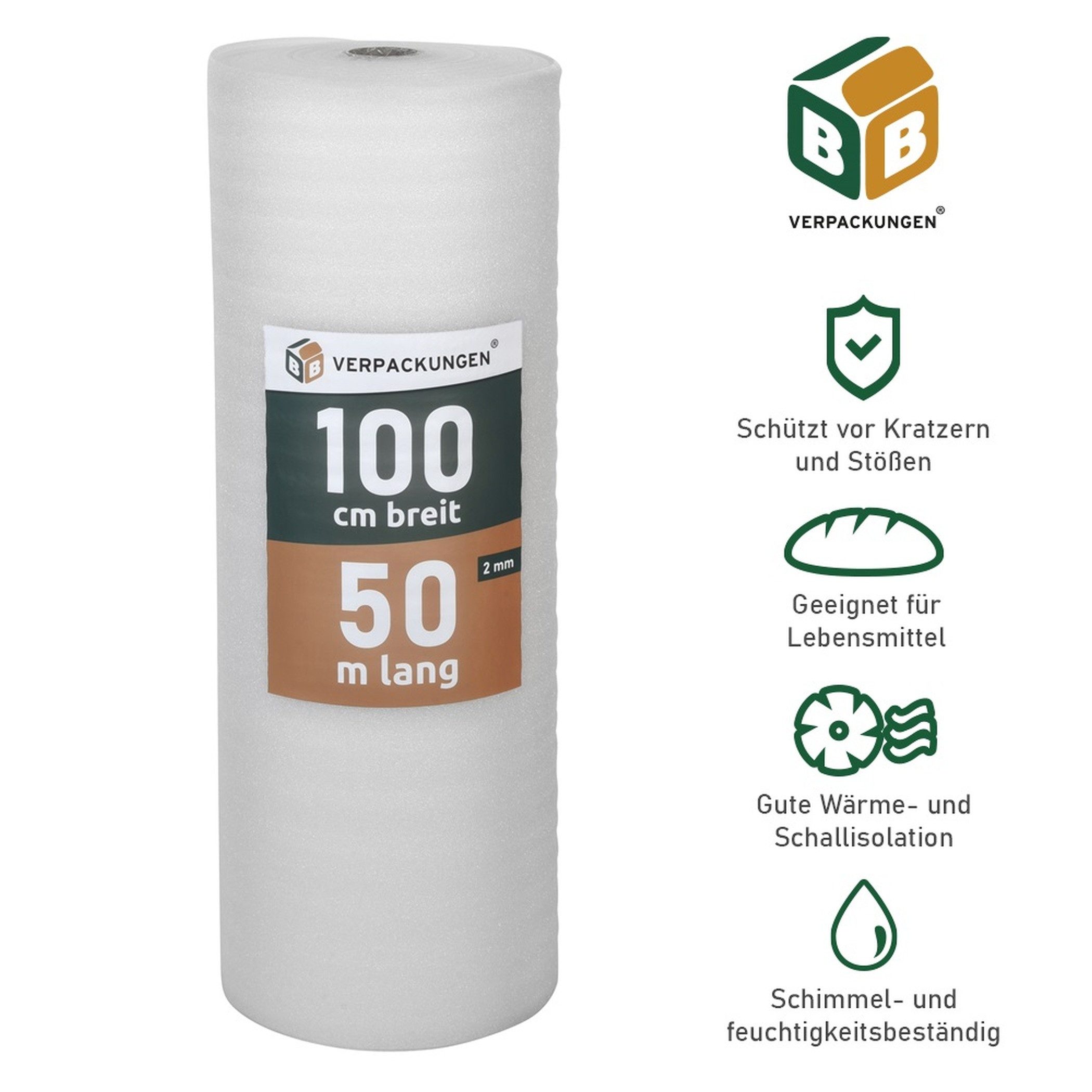 BB-Verpackungen Trittschalldämmfolie Trittschalldämmung 2 mm PE-Schaumfolie, 2 mm Stärke, 50 m²