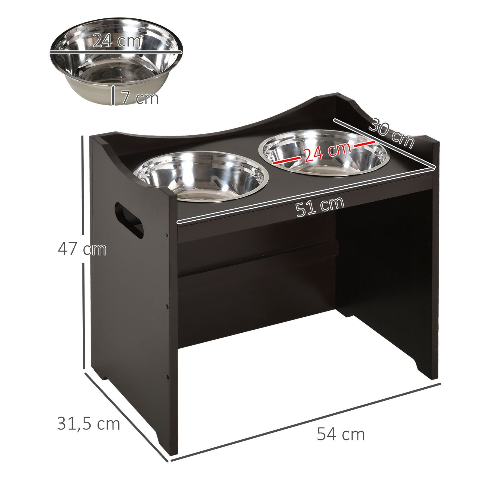 PawHut Futternapf Höhenverstellbar, Erhöhtes Futterstation mit 2L Futterschale, Edelstahl, L54 × B31.5 × H47 cm, Kaffee