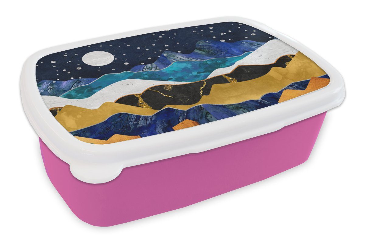MuchoWow Lunchbox Nacht - Gold - Marmor - Abstrakt - Landschaft - Berg, Kunststoff, (2-tlg), Brotbox für Erwachsene, Brotdose Kinder, Snackbox, Mädchen, Kunststoff rosa