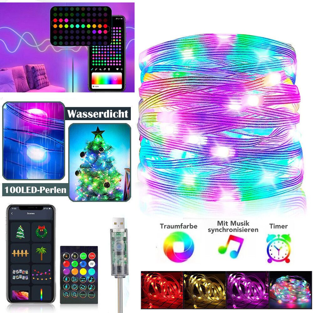 VIVIHEYDAY LED-Lichterkette RGB Smart, Bunt Lichterkette mit Fernbedienung & App Steuerung, Musik Sync, Lichtschlauch, Fairy Lichterkette für Weihnachten Deko
