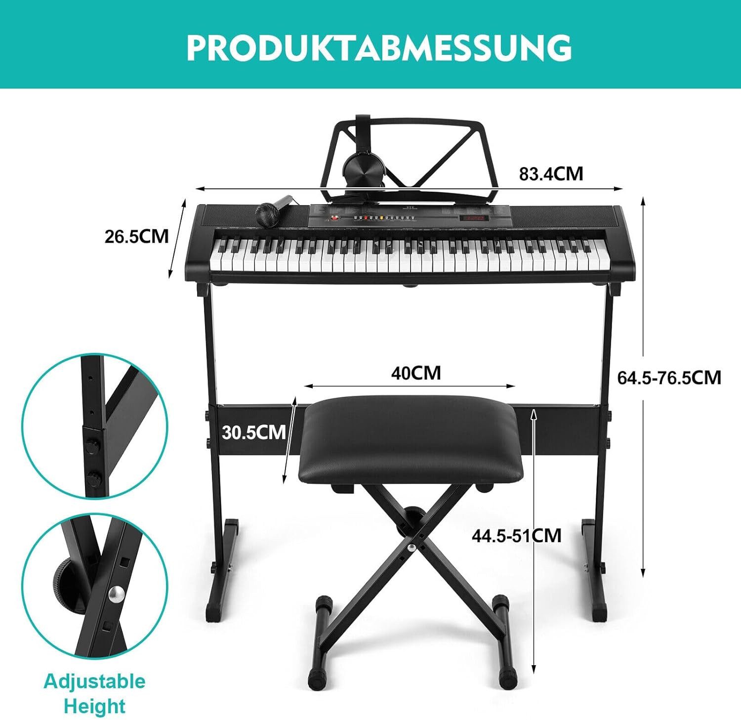 MUSTAR Digitalpiano 61 beleuchtete Tasten mit Touch-Funktion, Tragbares E-Piano (mit Klavierhocker), mit intelligentem Unterricht, Ständer, Hocker, Kopfhörer & USB