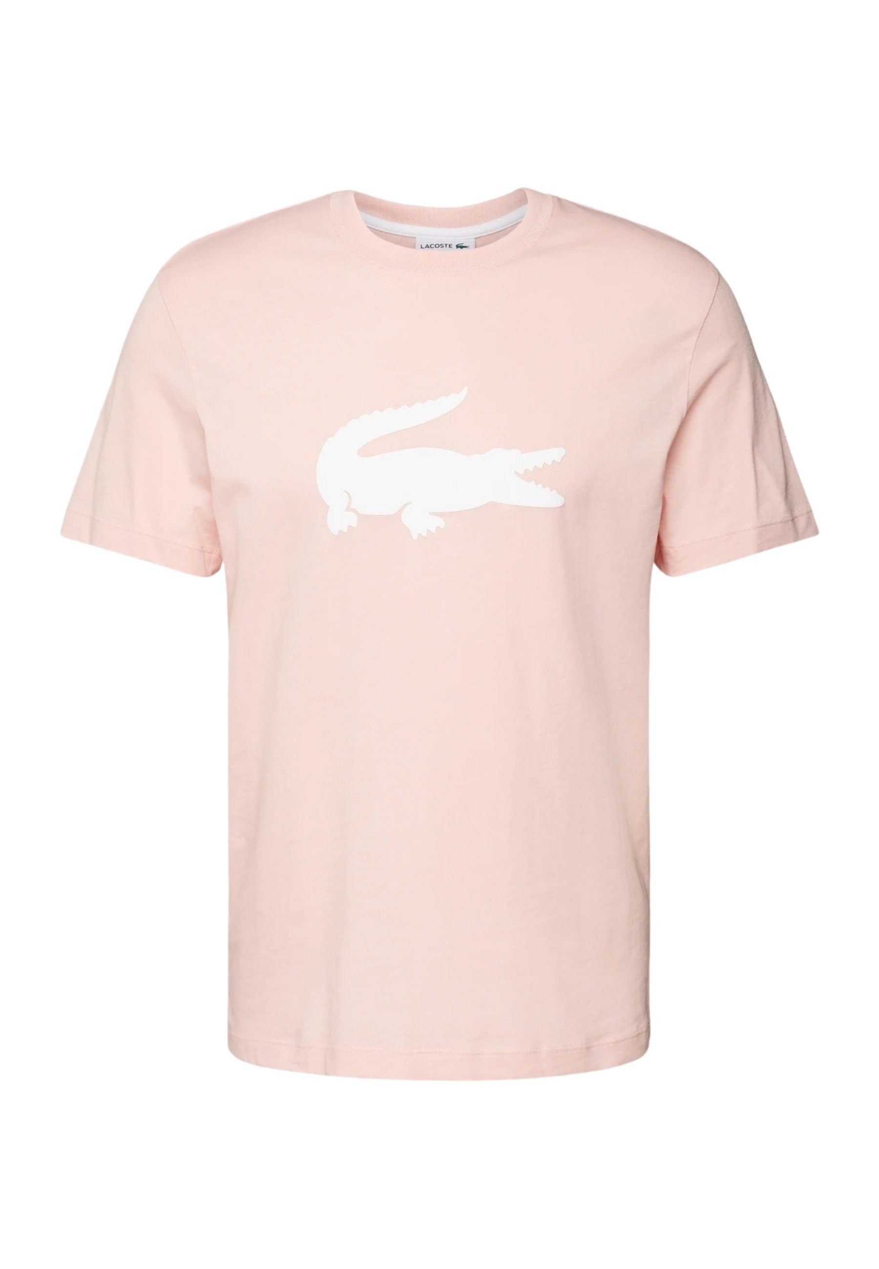 T-Shirt rosa Rundhalsausschnitt Kurzarmshirt mit T-Shirt (1-tlg) Lacoste und