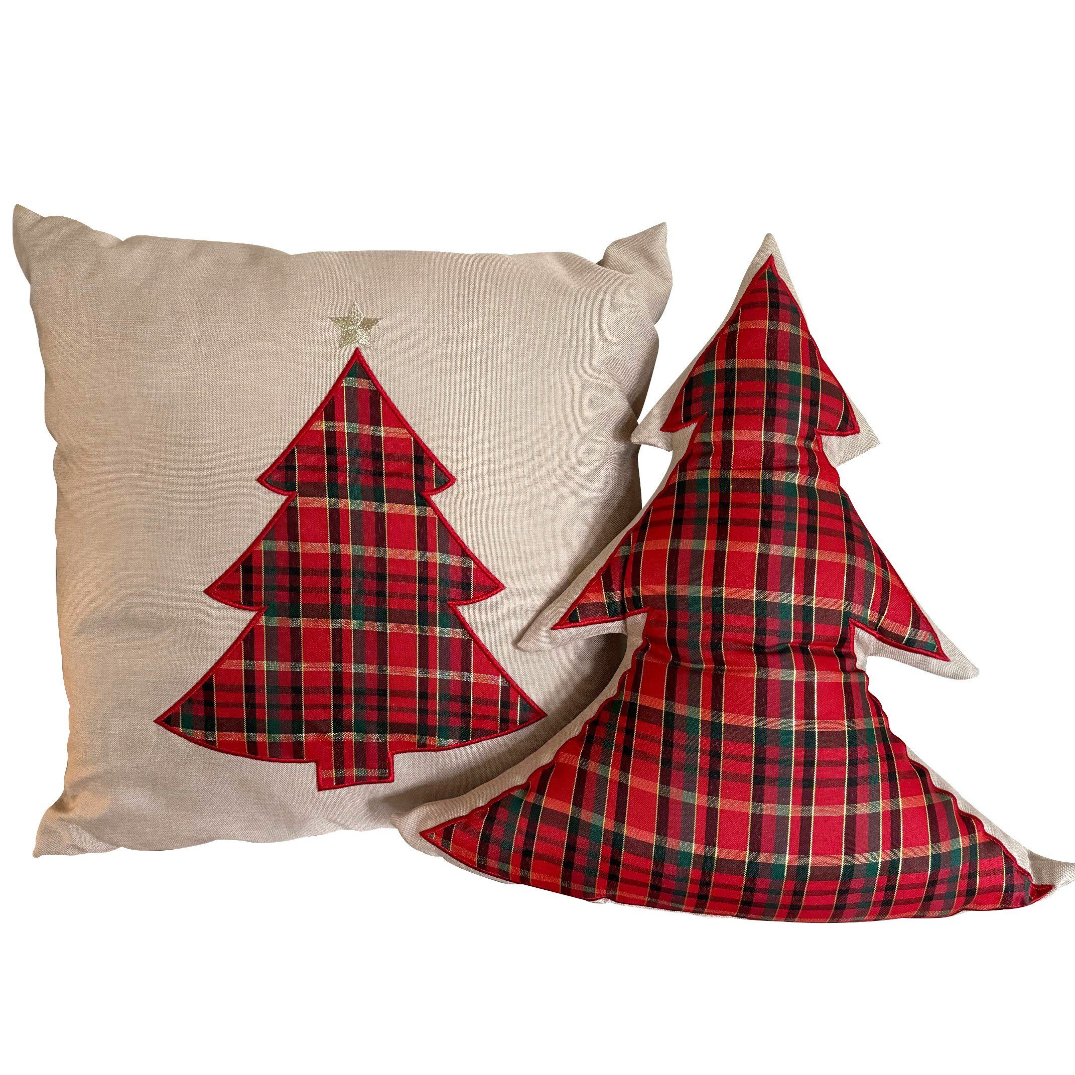 Online-Fuchs Декоративні подушки als 2er Set im Weihnachtsbaum-Style mit Füllung im Karo-Design, Zierkissen, Maße ca. 45x45 cm, Beige