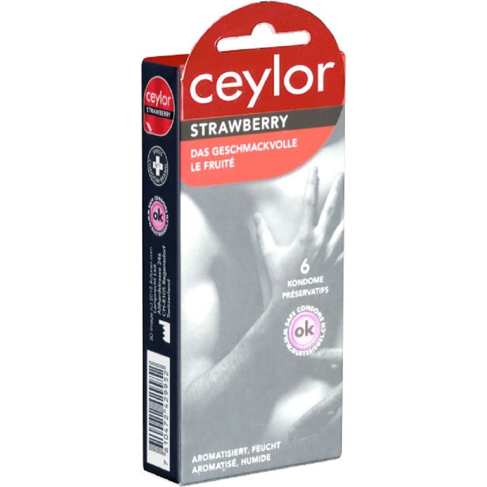 Ceylor Kondome Strawberry (Kondome mit Aroma-Gleitcreme) Packung mit, 6 St., im hygienischen "Dösli", einfach zu öffnen, schnelleres Überziehen