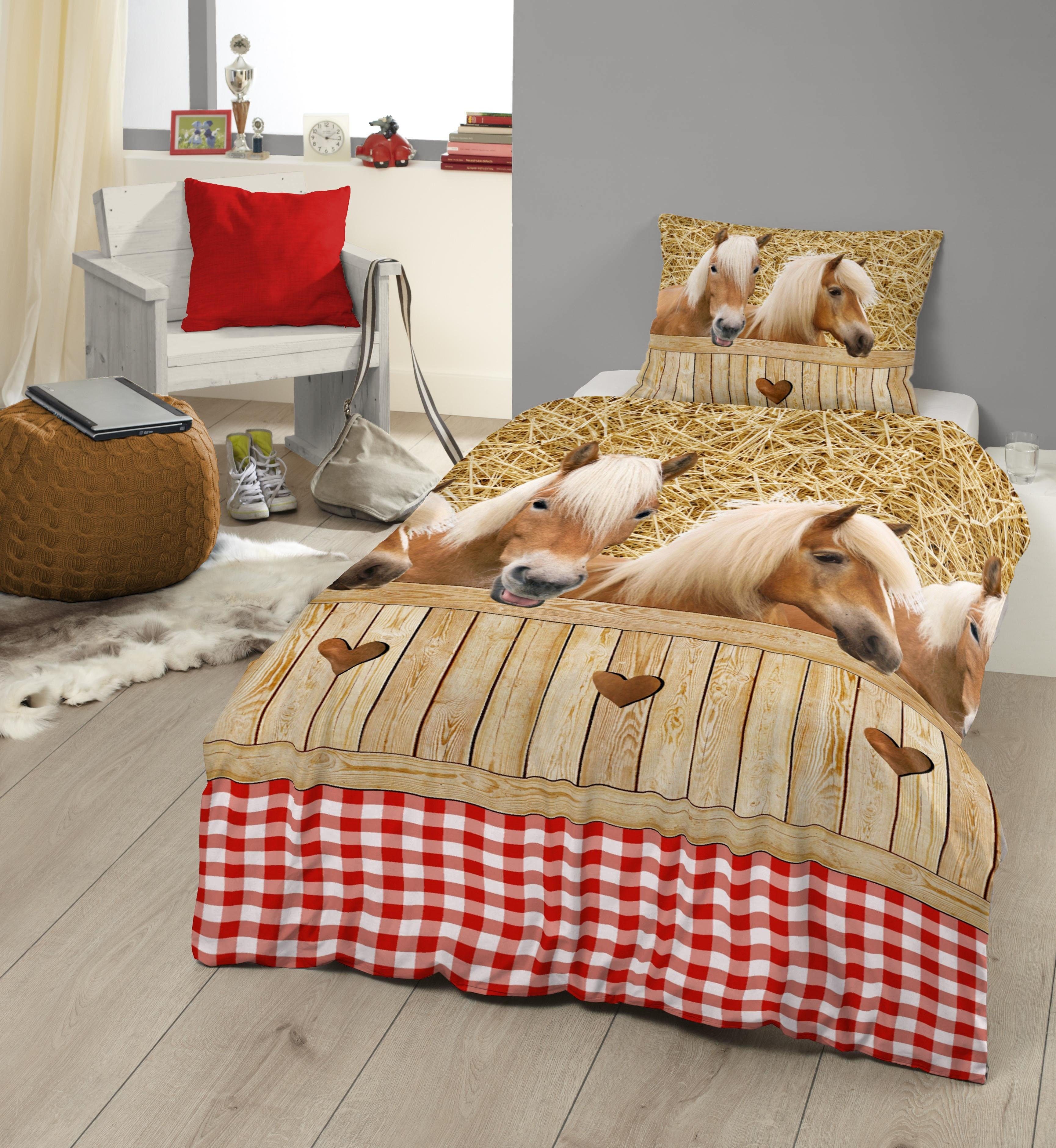 good morning Kinderbettwäsche Haflinger, Renforcé, 2 teilig, Baumwolle, 135x200, Reißverschluss, Wende, Kind, Mädchen, Pferd, Sand
