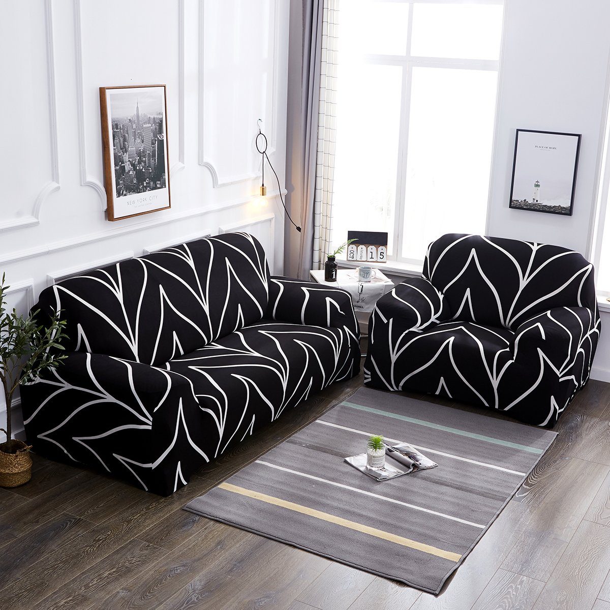 Sofa, Schwarz Sofa Rosnek, elastisches, Sofahusse Armlehnen für L-Form Bedruckt, U-Form Möbelschutz