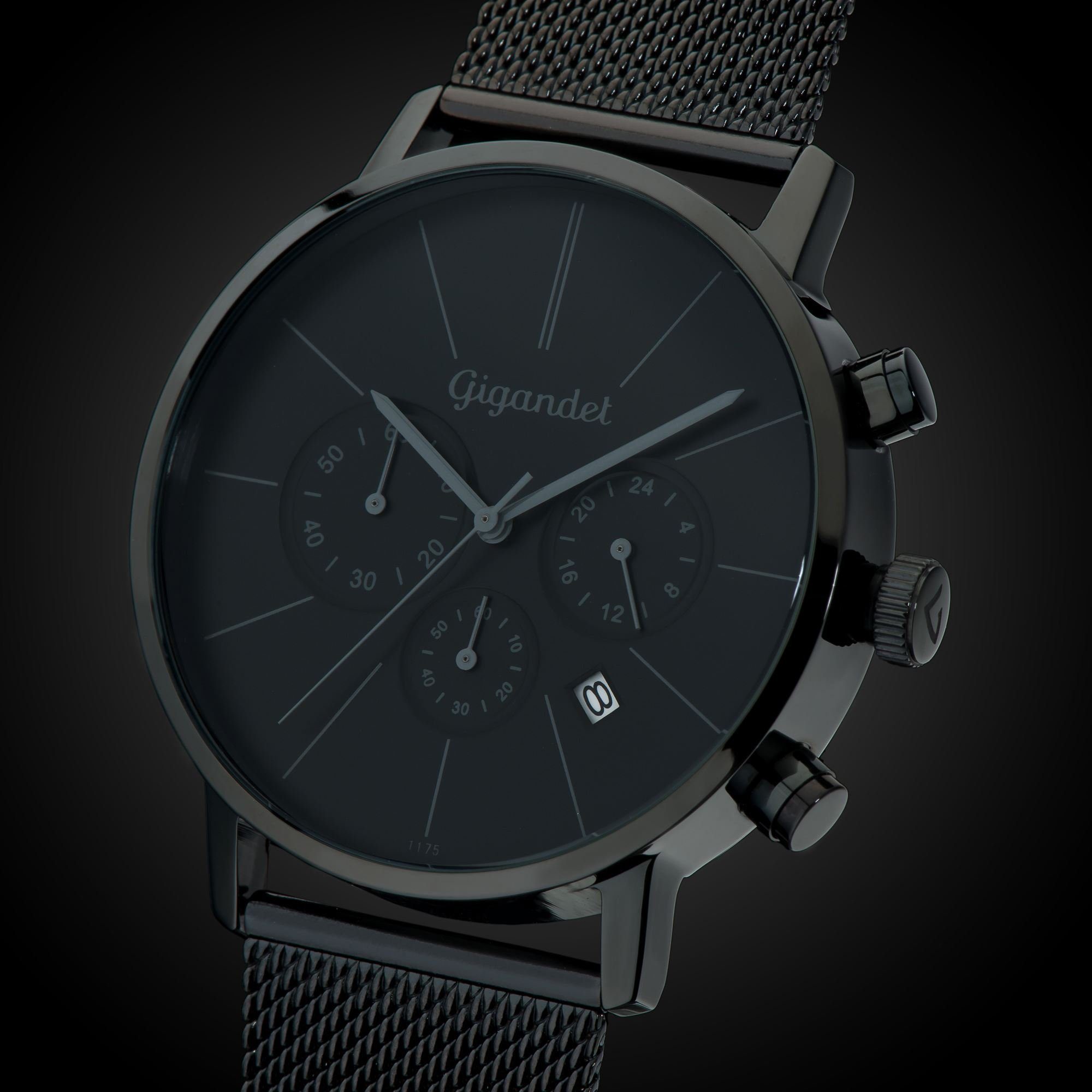 Gigandet Chronograph MINIMALISM Armbanduhr Uhr Damenuhr Herrenuhr Unisex schwarz G32-008, Mesharmband, Edelstahlgehäuse, 3ATM wasserdicht, Modell G32-008