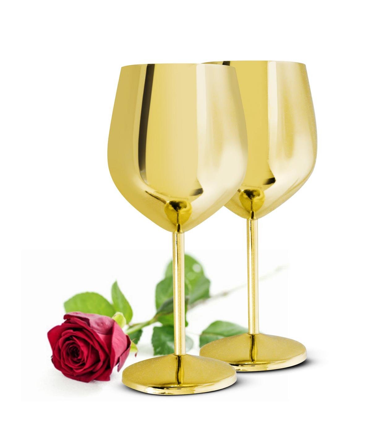 Sendez Weinglas 2 Weingläser 510ml Gold Edelstahl Weinkelch Rotweinglas unzerbrechlich, 2-tlg., Edelstahl