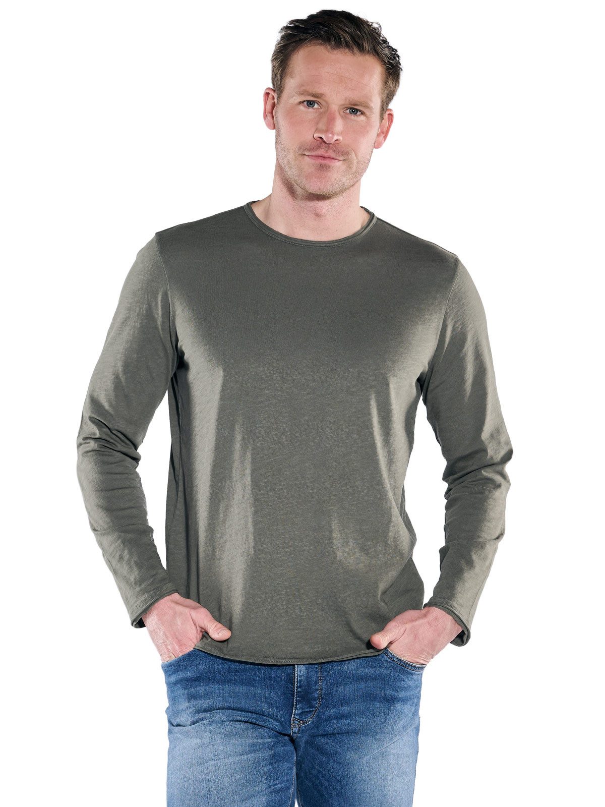 Langarmshirt Herren Rundhals Shirt, Oliv