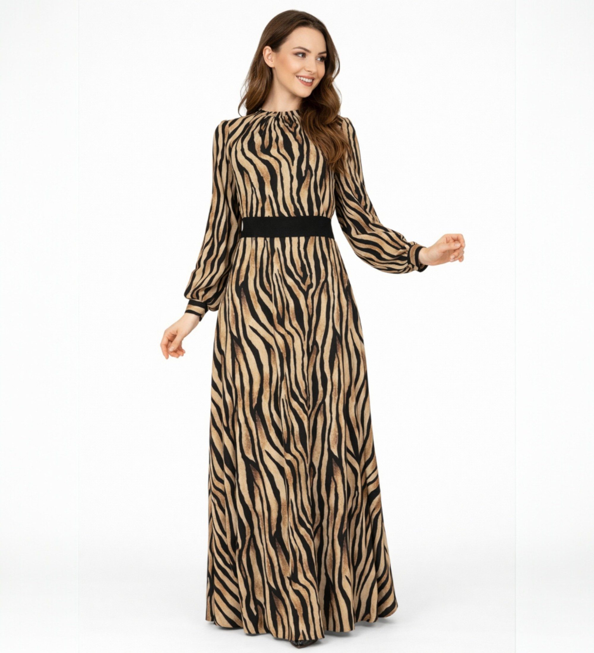 fashionshowcase Chiffonkleid Damen Abendkleid im Zebramuster Langärmlig – Modest Fashion elastisches Taillenband, gefüttert