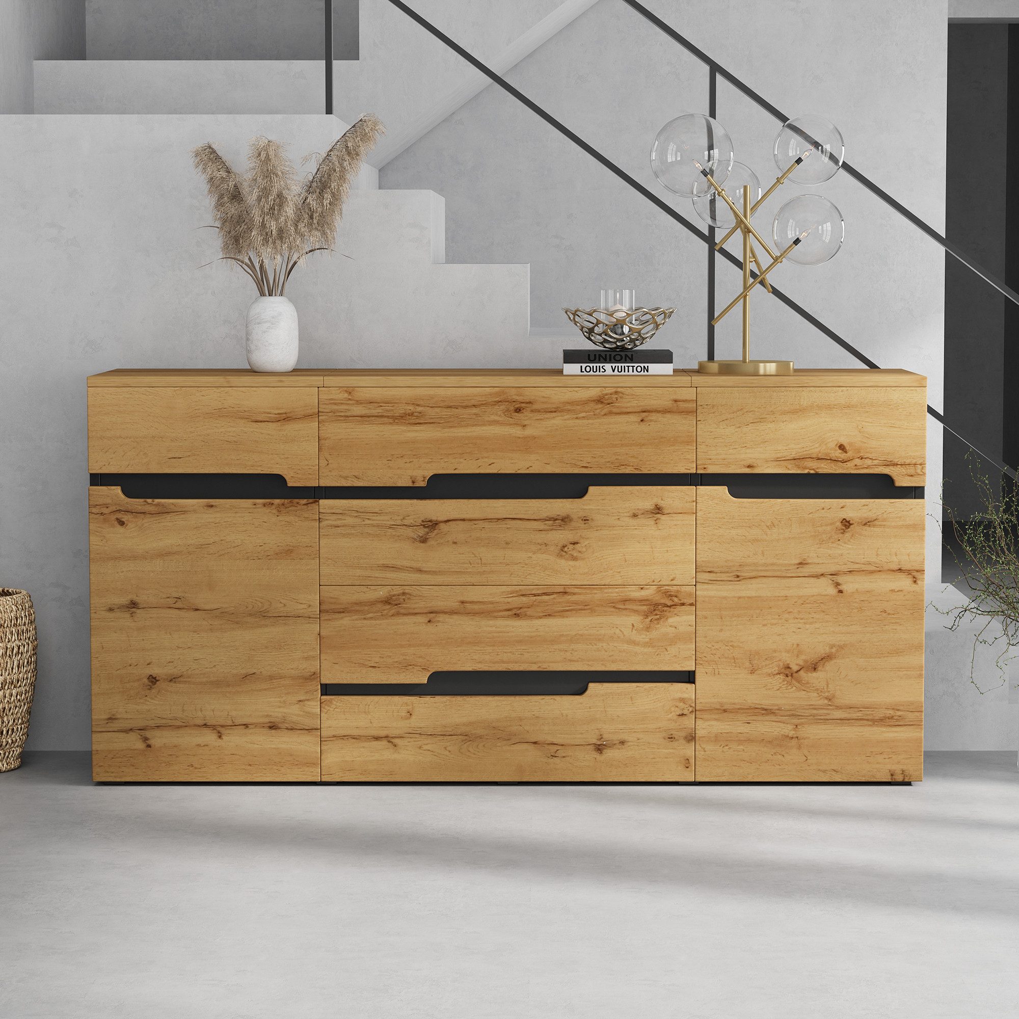 Merax Sideboard in Holzoptik und Schwarz, moderner Esszimmer- & Beistellschrank (1 St), Kommode mit 2 Türen und 4 Schubladen, Wohnzimmerschrank, 160x40x80cm