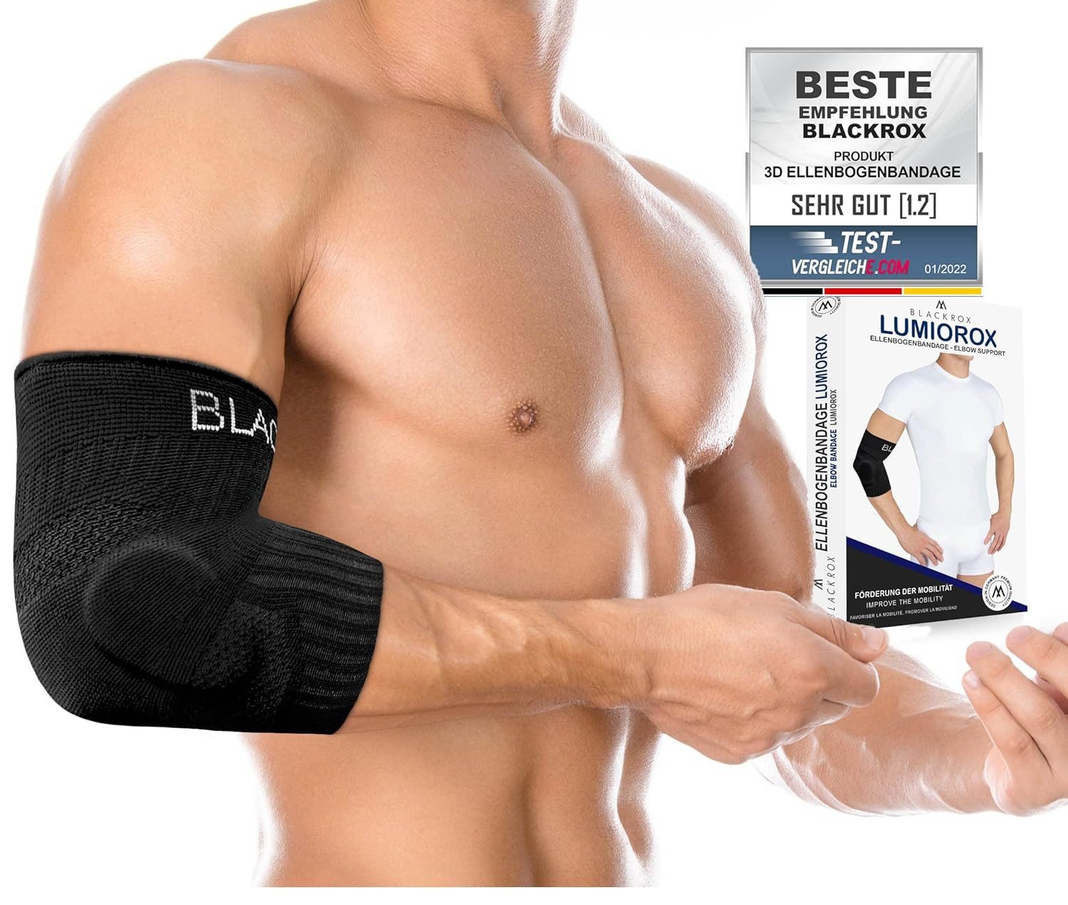 BLACKROX Ellenbogenbandage [Vergleichssieger 2025] Gr. S-L, Damen & Herren, LUMIOROX, Schwarz