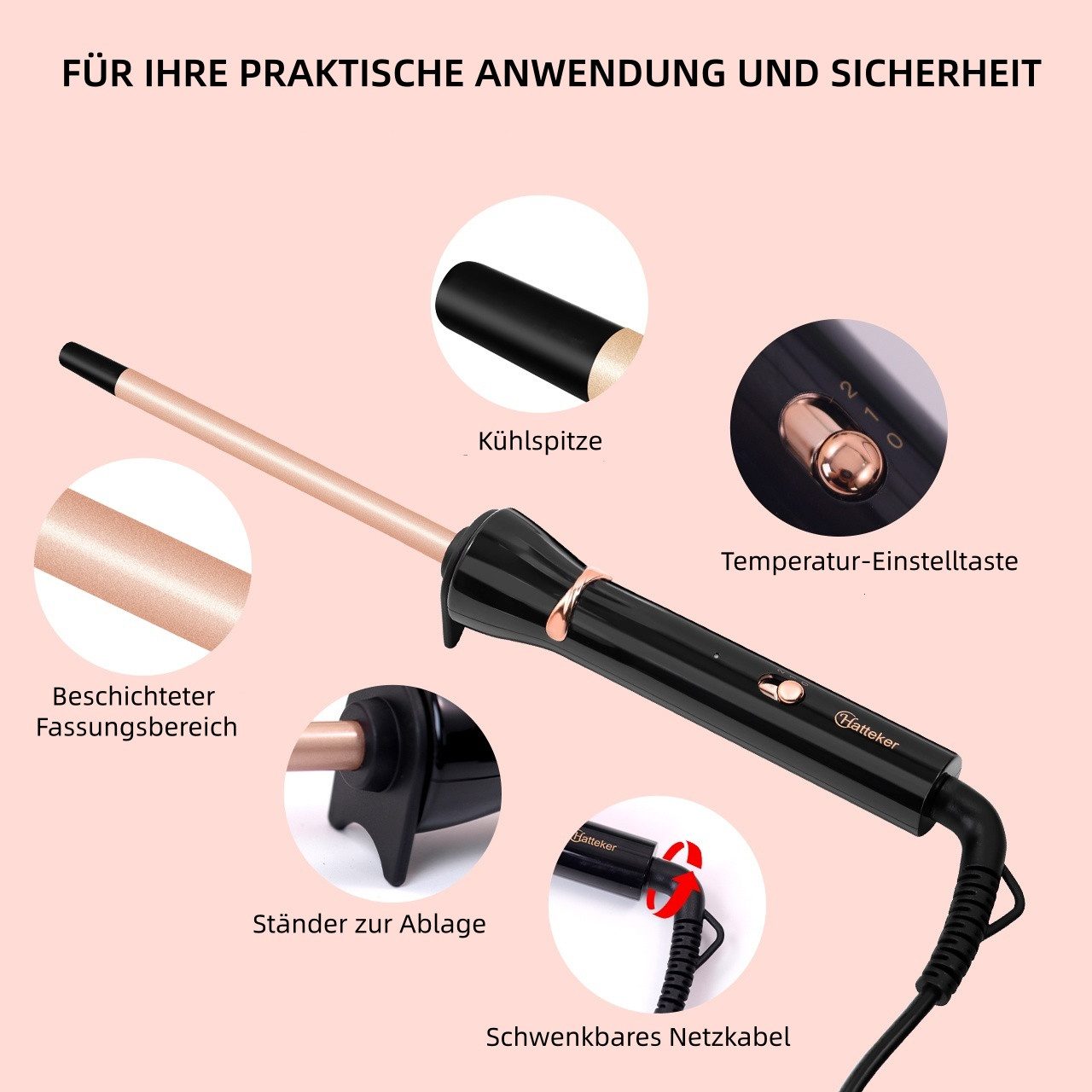 Scttomon Lockenstab HT-103 9mm Lockenstab, Turmalin-Keramik-Beschichtung, Für Wool Rolls & Volumenlocken