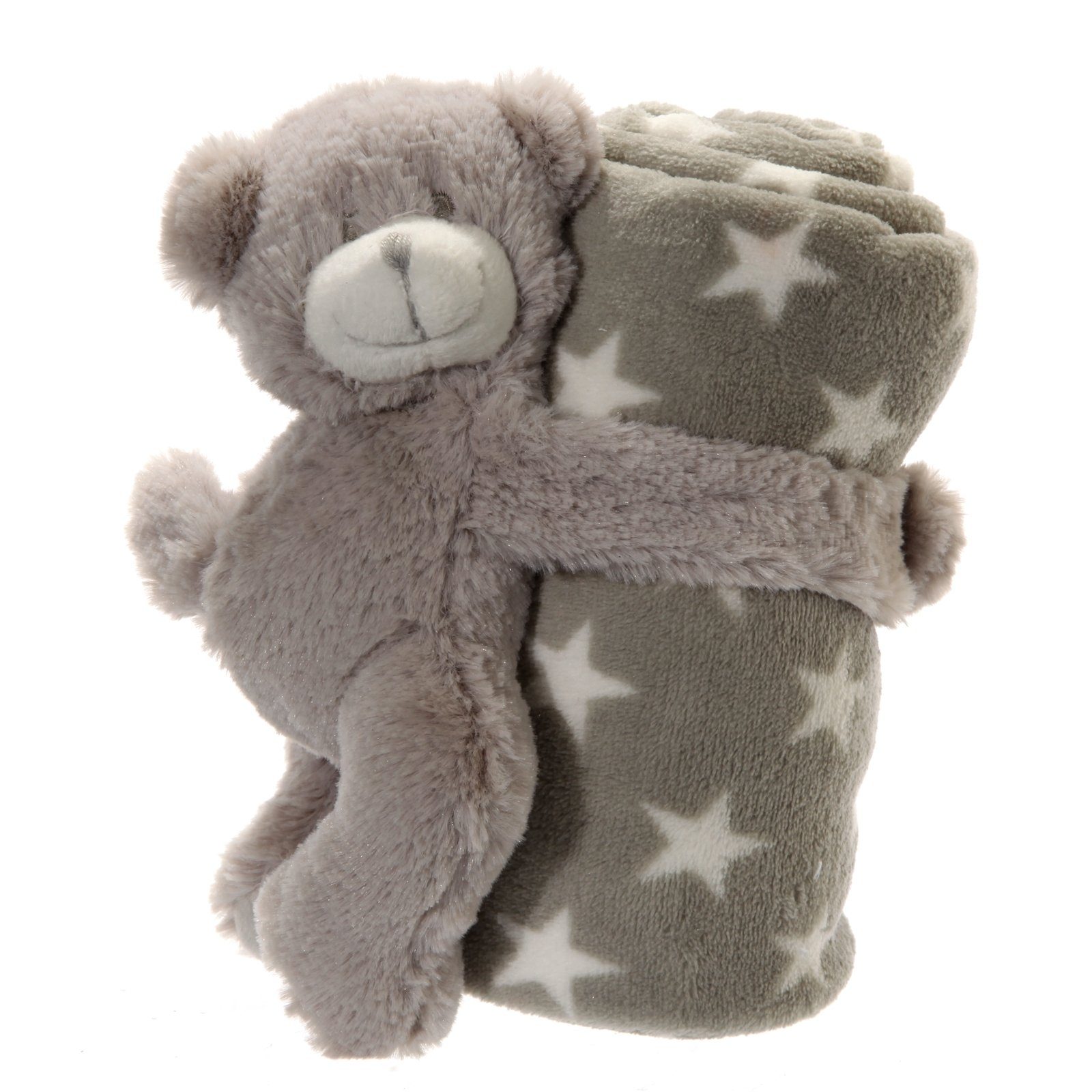 Babydecke Babydecke mit Bär Grau mit Sternchen, HTI-Living, 20 x 10 cm Kuschelbär mit Kuscheldecke im Arm