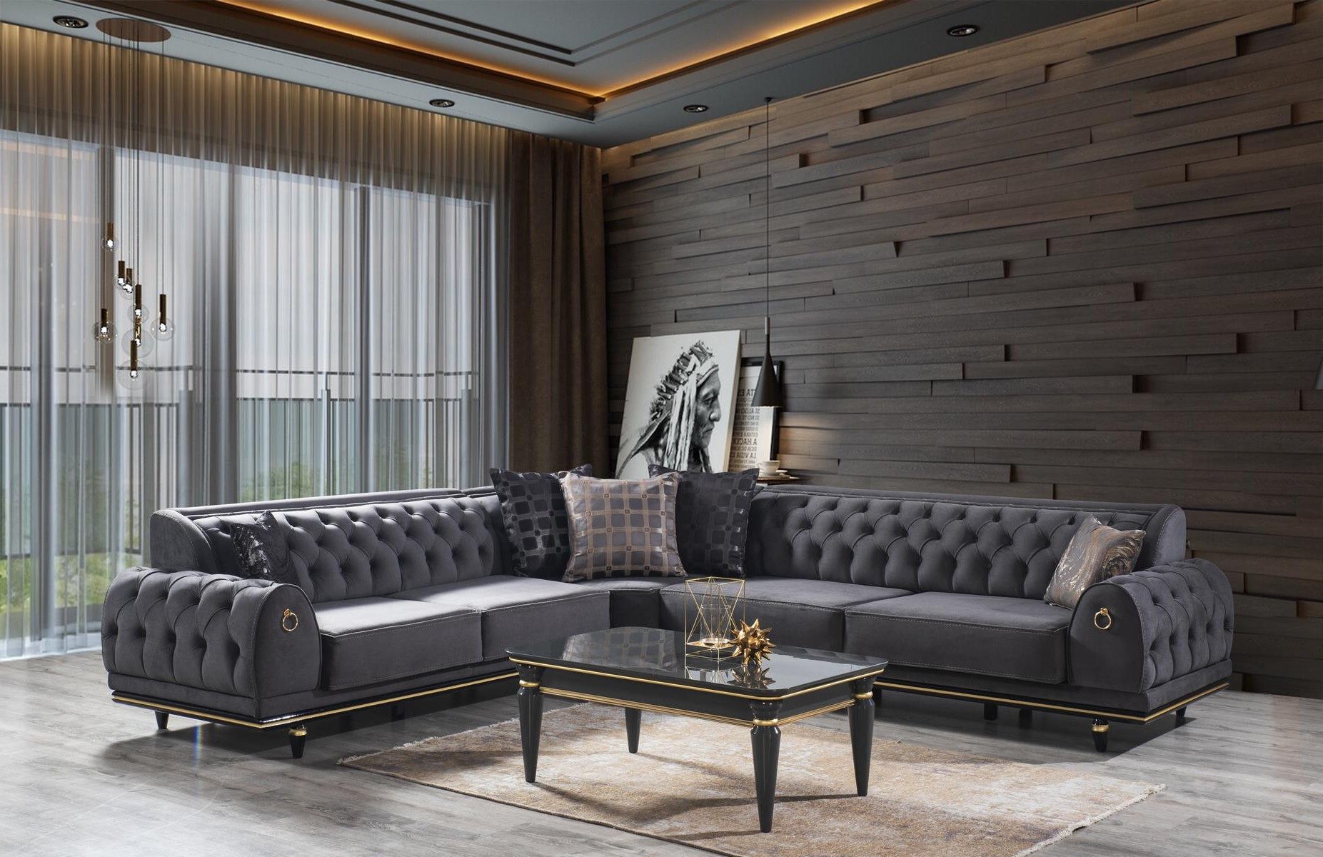 Xlmoebel Ecksofa XLMOEBEL Chesterfield Ecksofa aus Holz und grauem Polyester, 1 Teile, Made in Europa