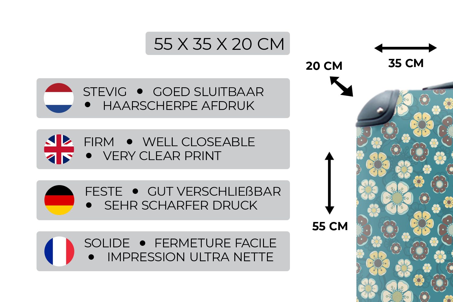 MuchoWow Handgepäckkoffer Retro - Blumen - Muster - Blau, 4 Rollen, Reisetasche mit rollen, Handgepäck für Ferien, Trolley, Reisekoffer