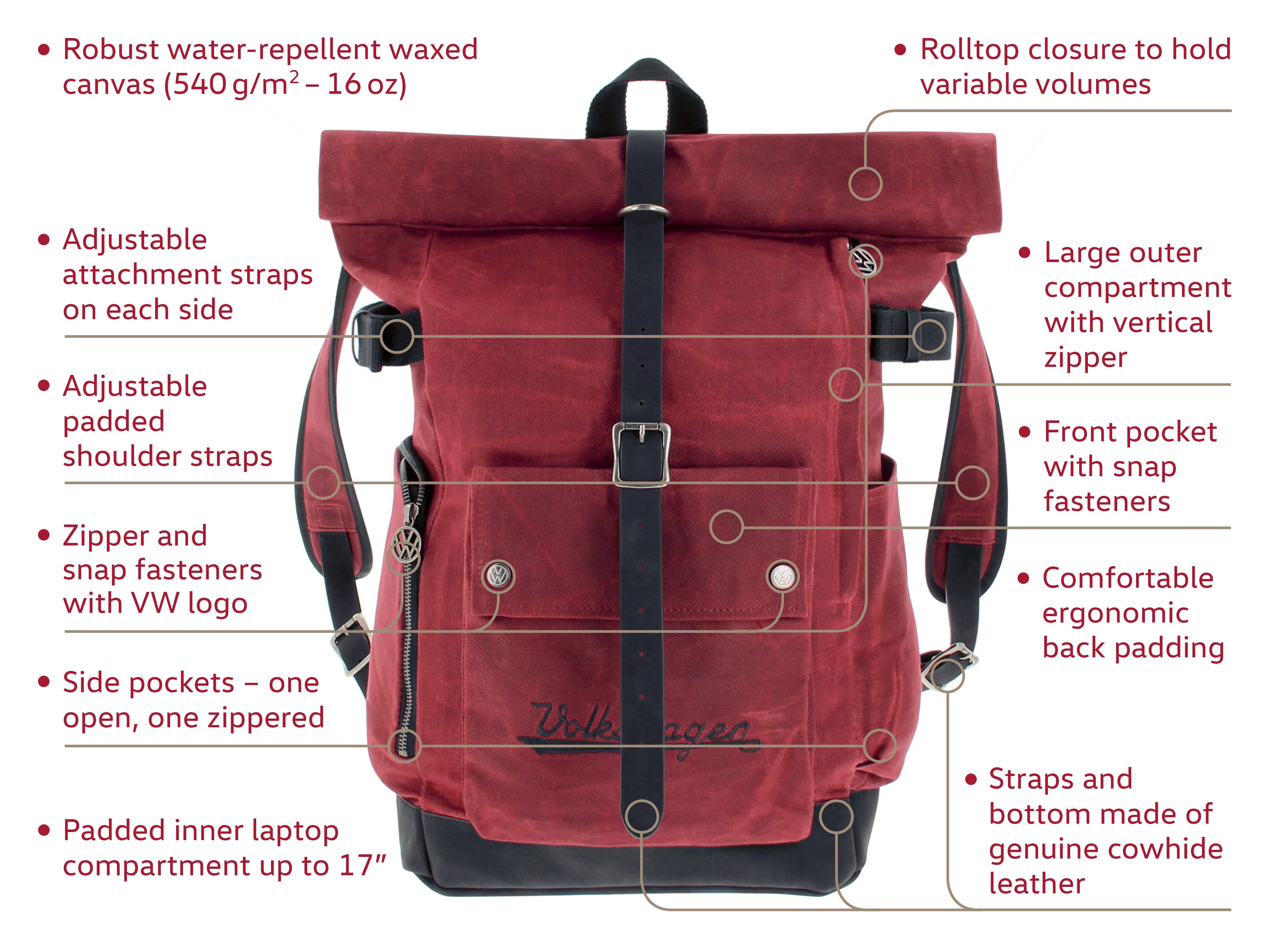 VW Collection by BRISA Reiserucksack Volkswagen Rolltop Rucksack (Stück, 1-tlg., für alle VW Fans), echtes Rindlsleder sowie gewachstem Segeltuch
