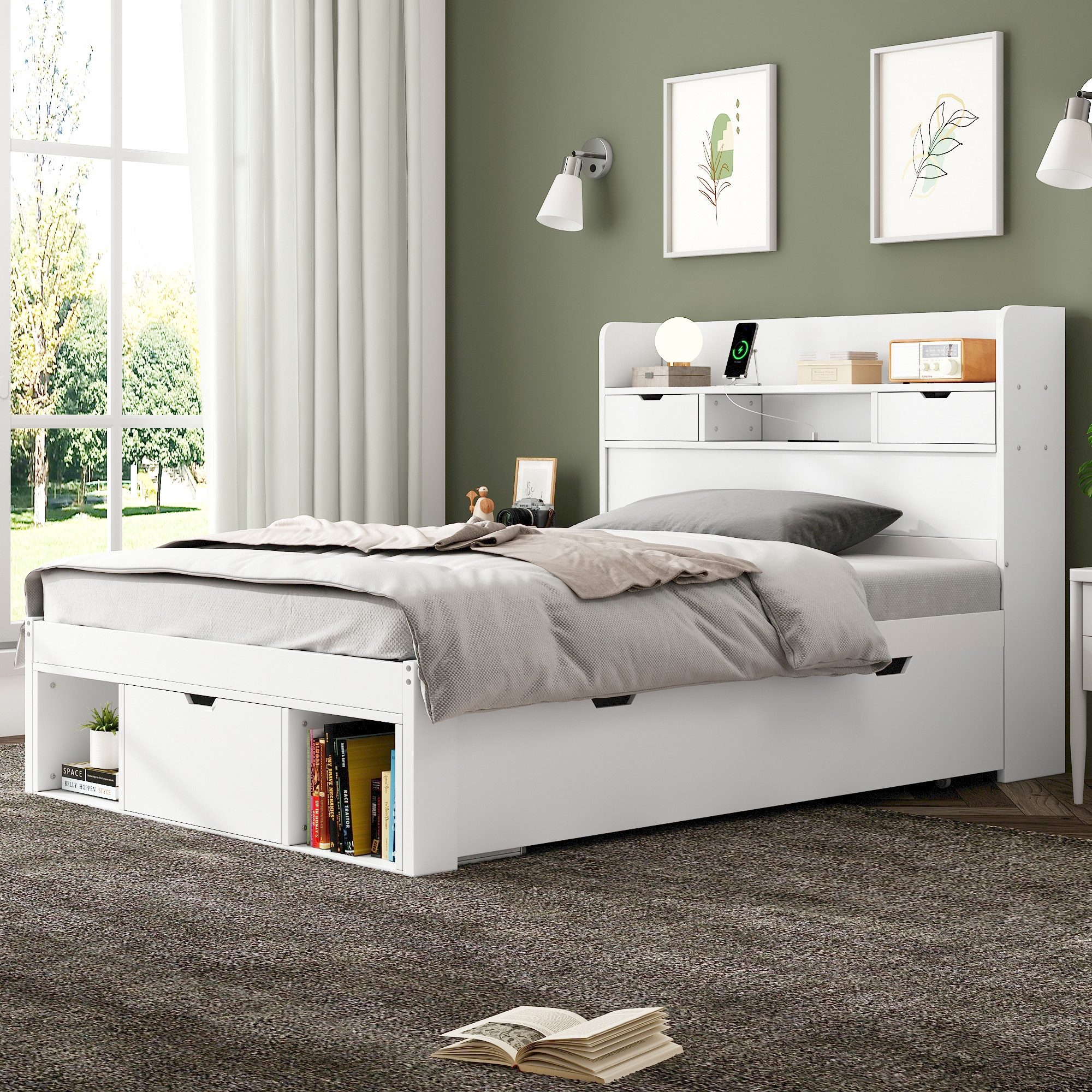 Flieks Holzbett, Einzelbett 90x200cm mit USB-Laden günstig online kaufen