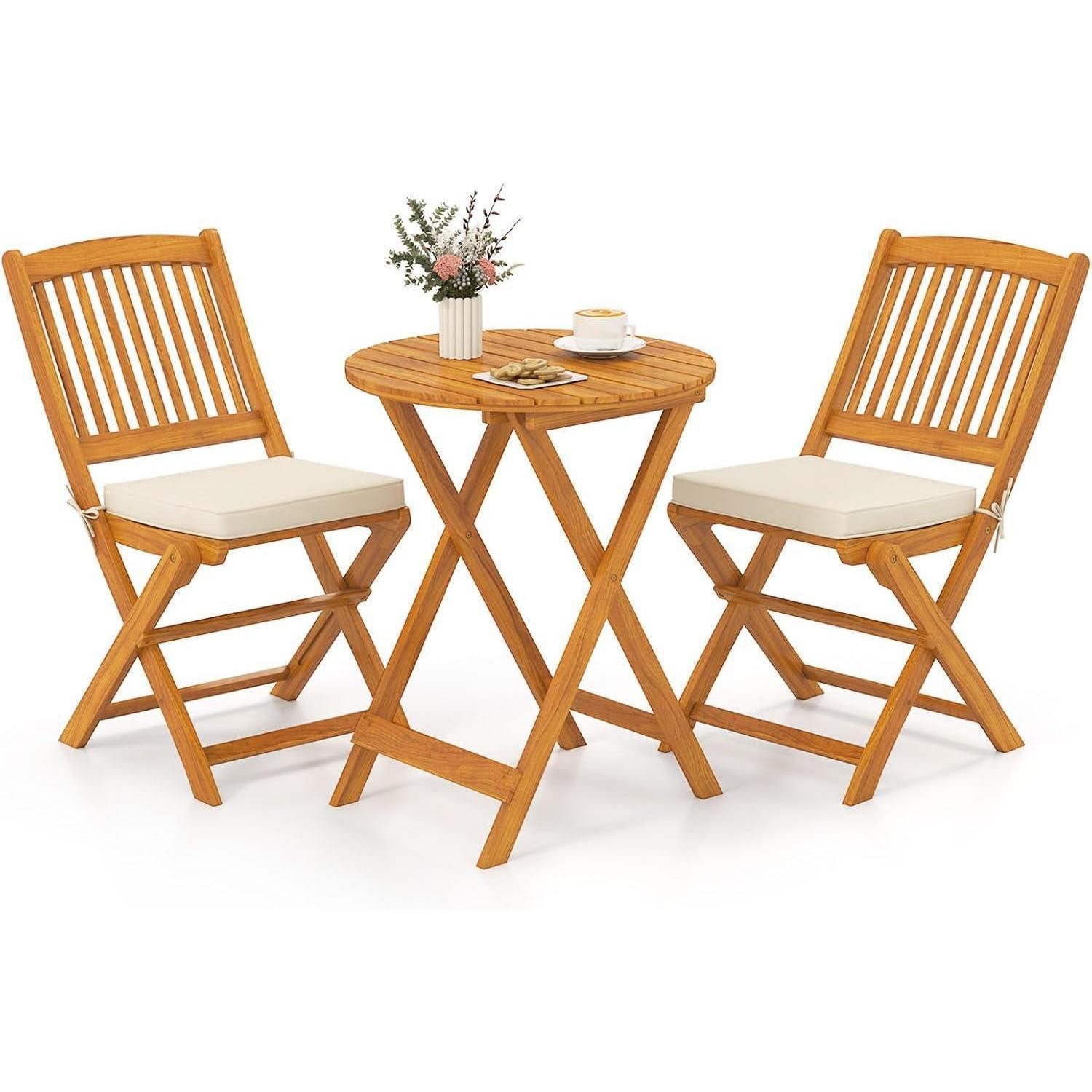 GOPLUS Balkonset 3tlg. Gartenmöbel Set Akazienholz klappbar Rundtisch 2 Stühle Kissen