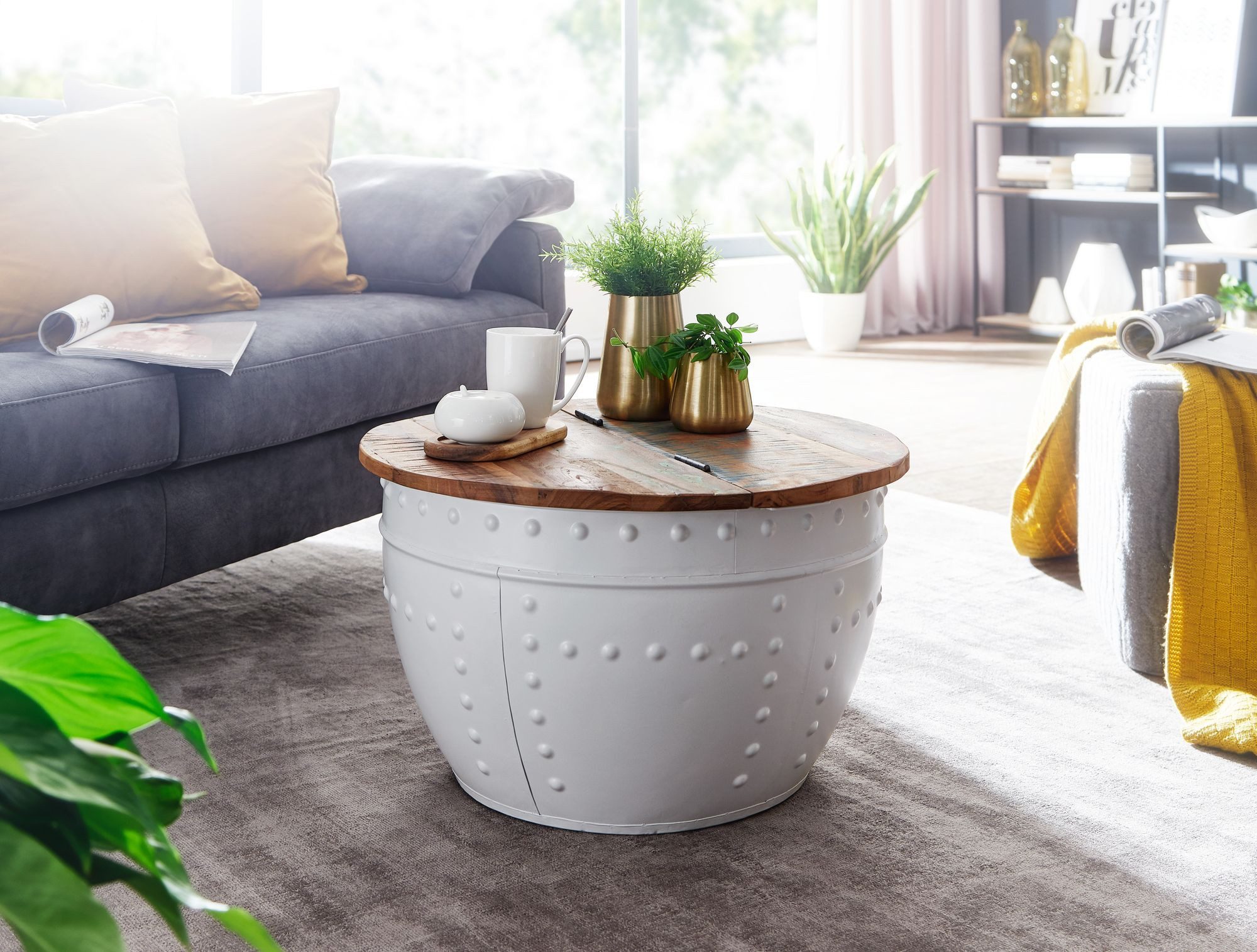 FINEBUY Couchtisch FB24605 Mango Massivholz Ø60cm Wohnzimmertisch Sofatisch Stauraum (60x36x60 cm Mango Massivholz Metall Weiß Rund), Sofatisch mit Stauraum, Wohnzimmertisch Shabby
