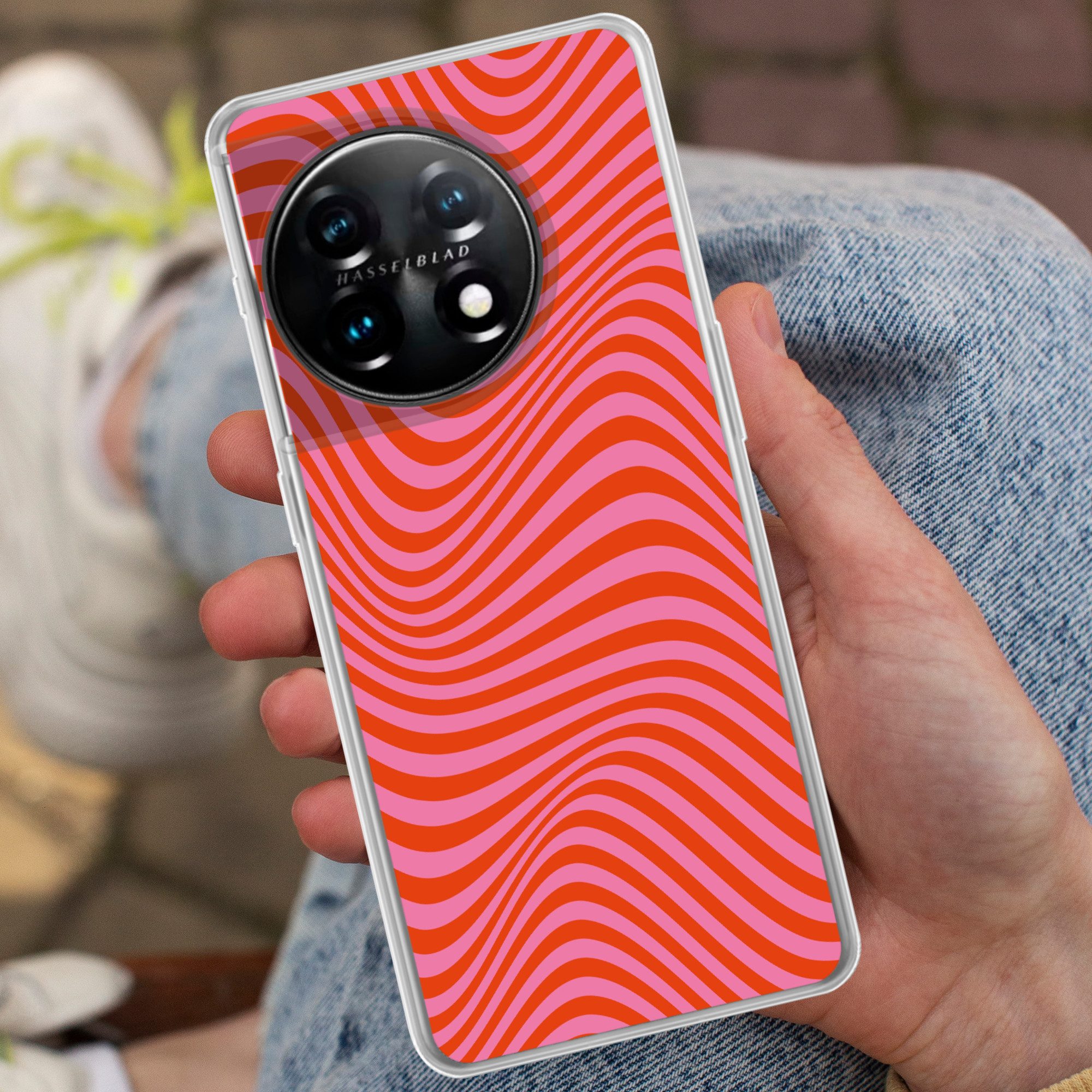 MuchoWow Handyhülle für OnePlus 11 Wellenförmiges Muster - Rot - Rosa - Linien, Handy Case, Silikon, Bumper Case Dünn