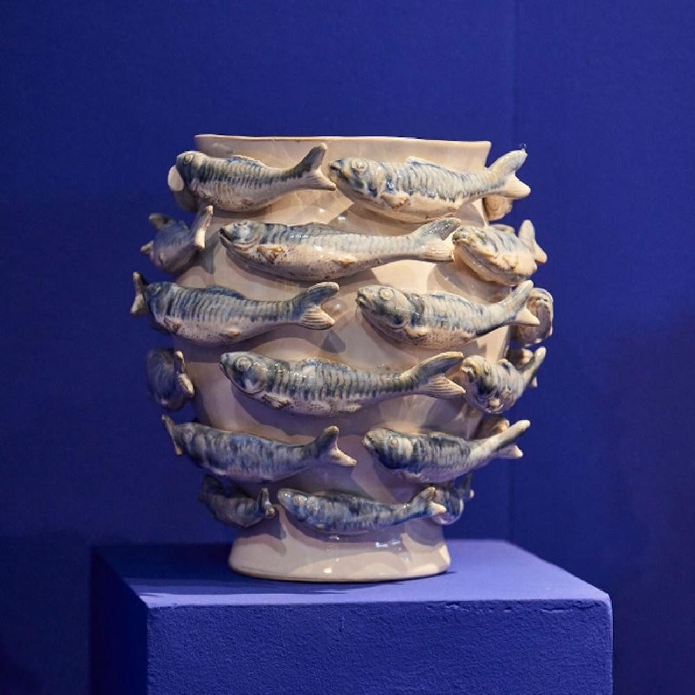 Werner Voß Dekovase Vase Fische Weiß Blau