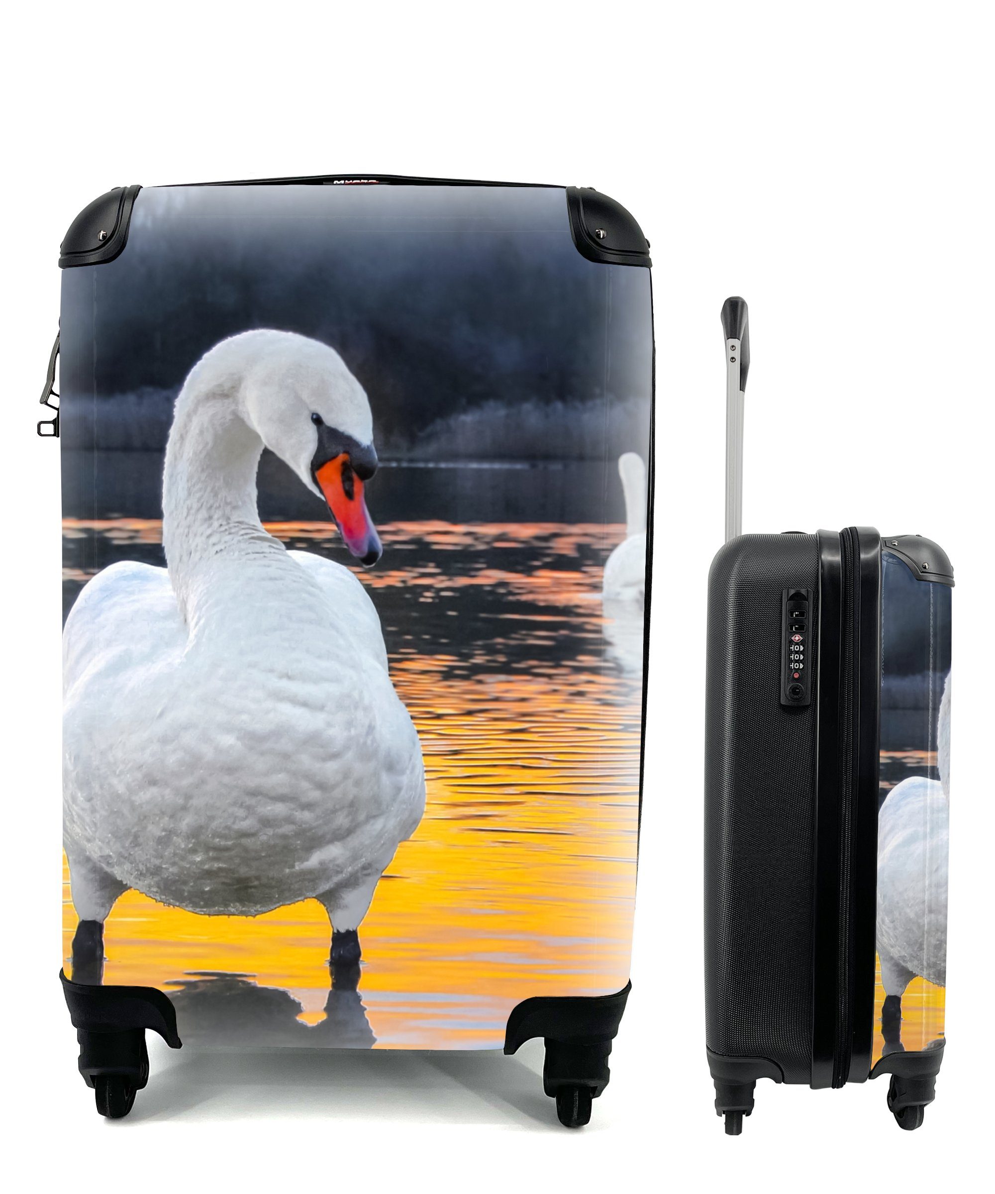 MuchoWow Handgepäckkoffer Schwan - Vogel - Sonnenuntergang - Wasser, 4 Rollen, Reisetasche mit rollen, Handgepäck für Ferien, Trolley, Reisekoffer