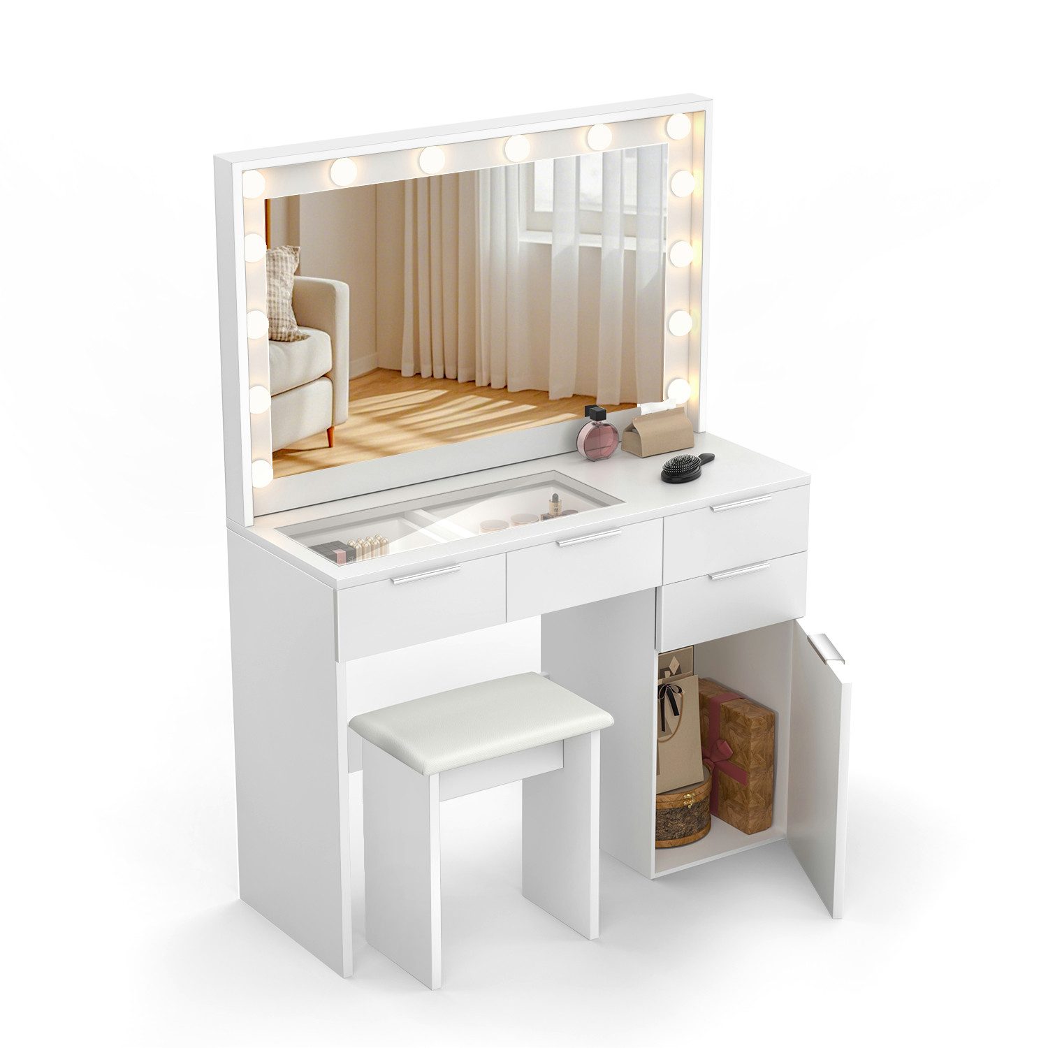oyajia Schminktisch mit LED Beleuchtung, Gehärtete Glasplatte,mit Stuhl /Ladefunktion (Schlafzimmermöbel Vanity Set, verstellbare dreifarbige Kosmetikspiegel mit 12 LEDs, Touch-Dimmen), Make-up Tisch mit 5 Schubladen und 2 Europäische Stecker +2 USB