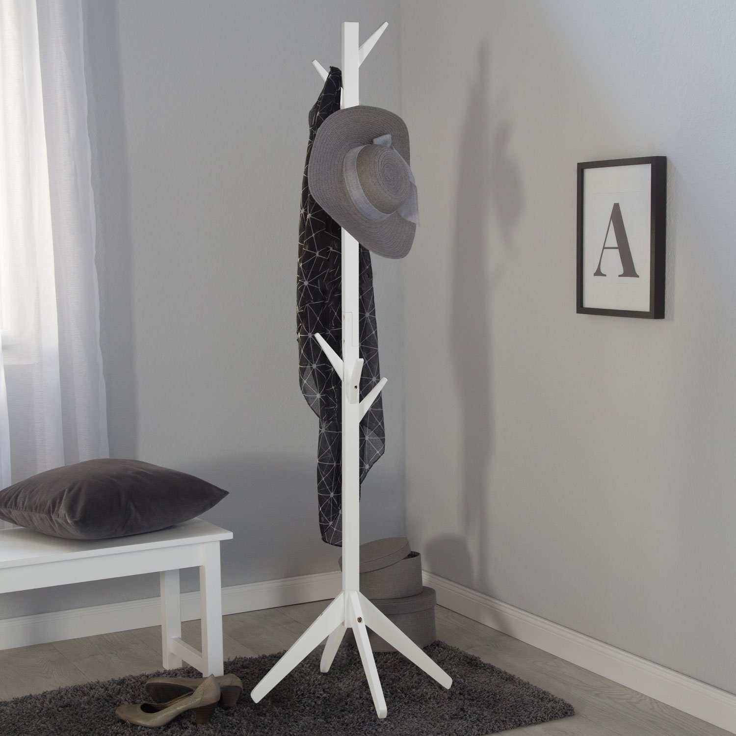 Homestyle4u Kleiderständer Weiß Garderobe Holz 10 Haken Flur schmal hoch