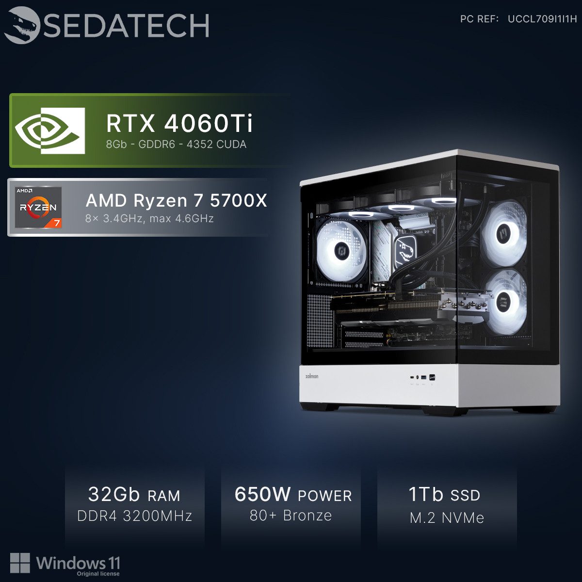 Sedatech UCCL709I1I1HF - Watercooling Gaming-PC (AMD Ryzen 7 5700X 8x 3.4GHz (max 4.6GHz), Geforce RTX4060Ti 8GB, 32 GB RAM, 1000 GB SSD, Watercooling, Wlan 4)