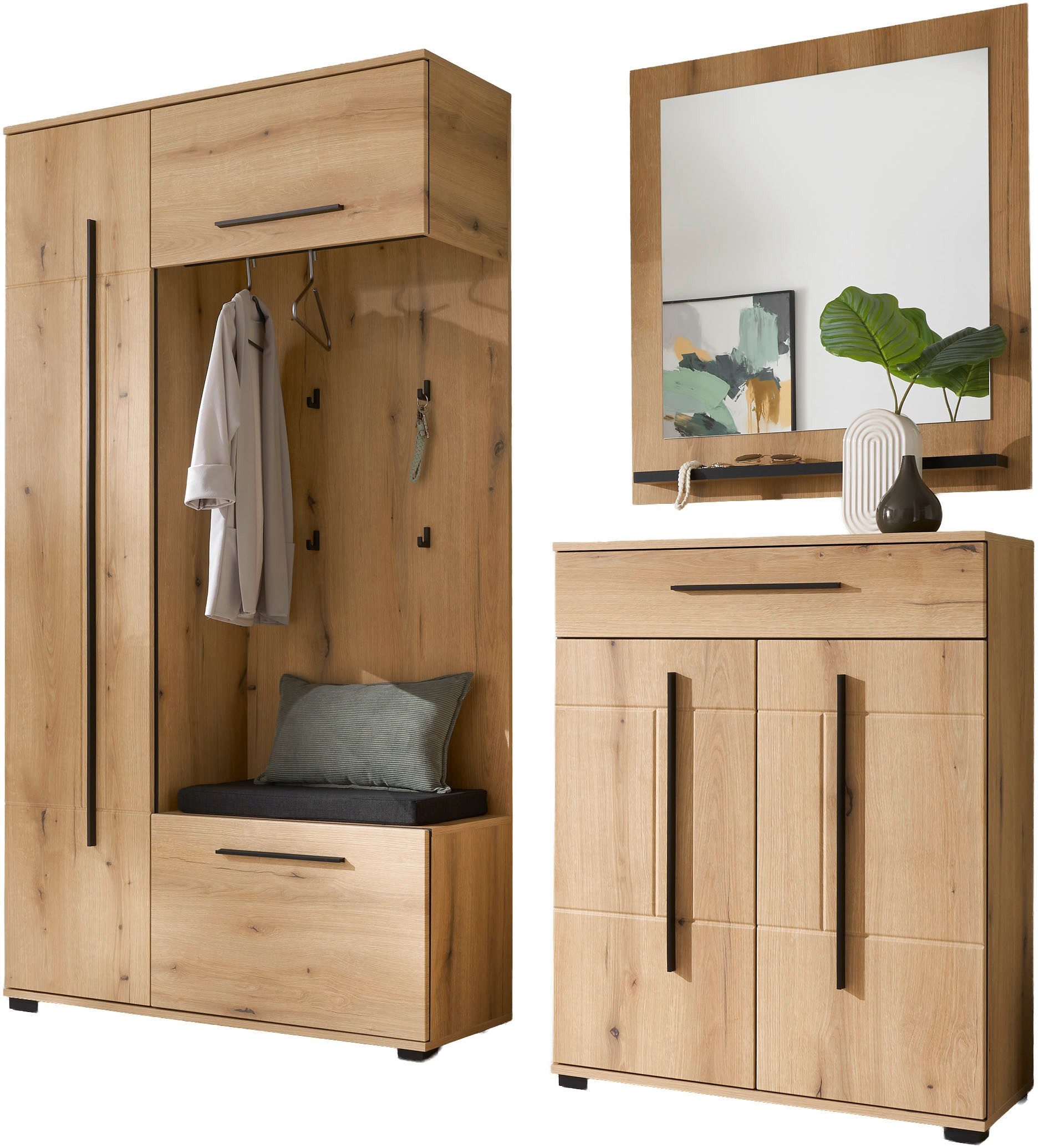 Home affaire Garderoben-Set Cantara, moderne Garderobe, Komplettset mit viel Stauraum, (Komplett-Set, 3-St), enthält Garderobenschrank, Kompaktgarderobe inkl. Sitzkissen & Spiegel