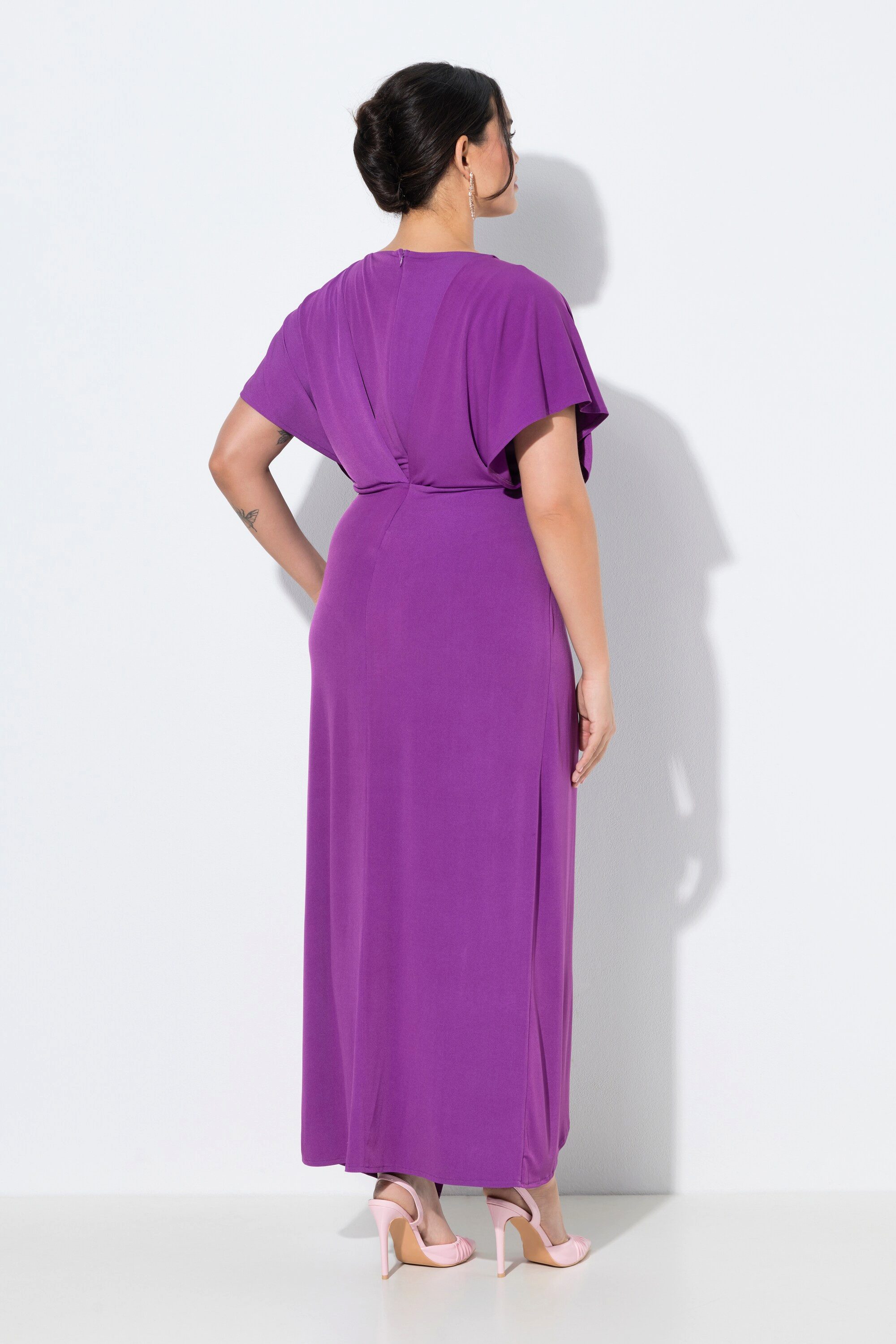 Ulla Popken Cocktailkleid Maxikleid Ziergürtel V-Ausschnitt Halbarm