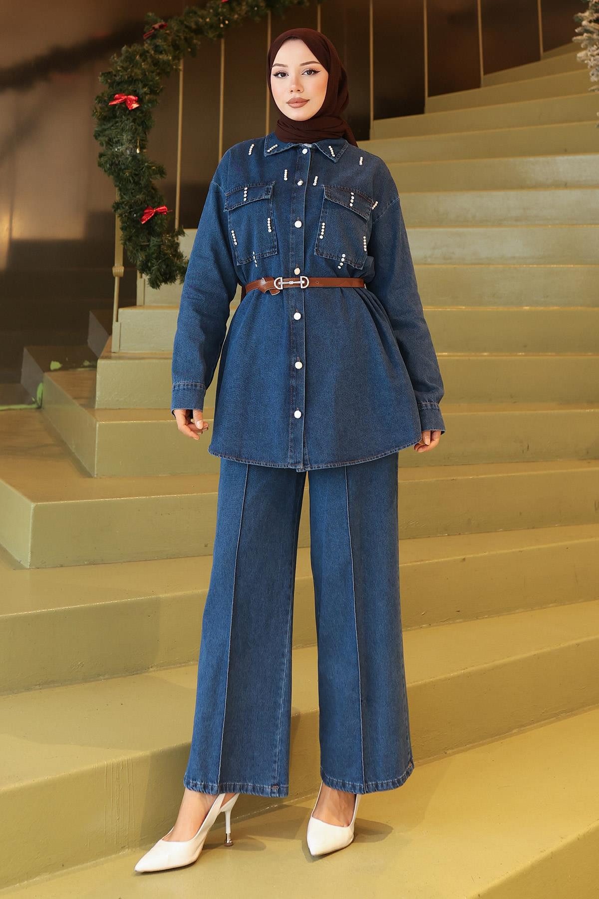 MODAMİHRAM Tunika Jeansanzug mit Taschen und Steppdetails