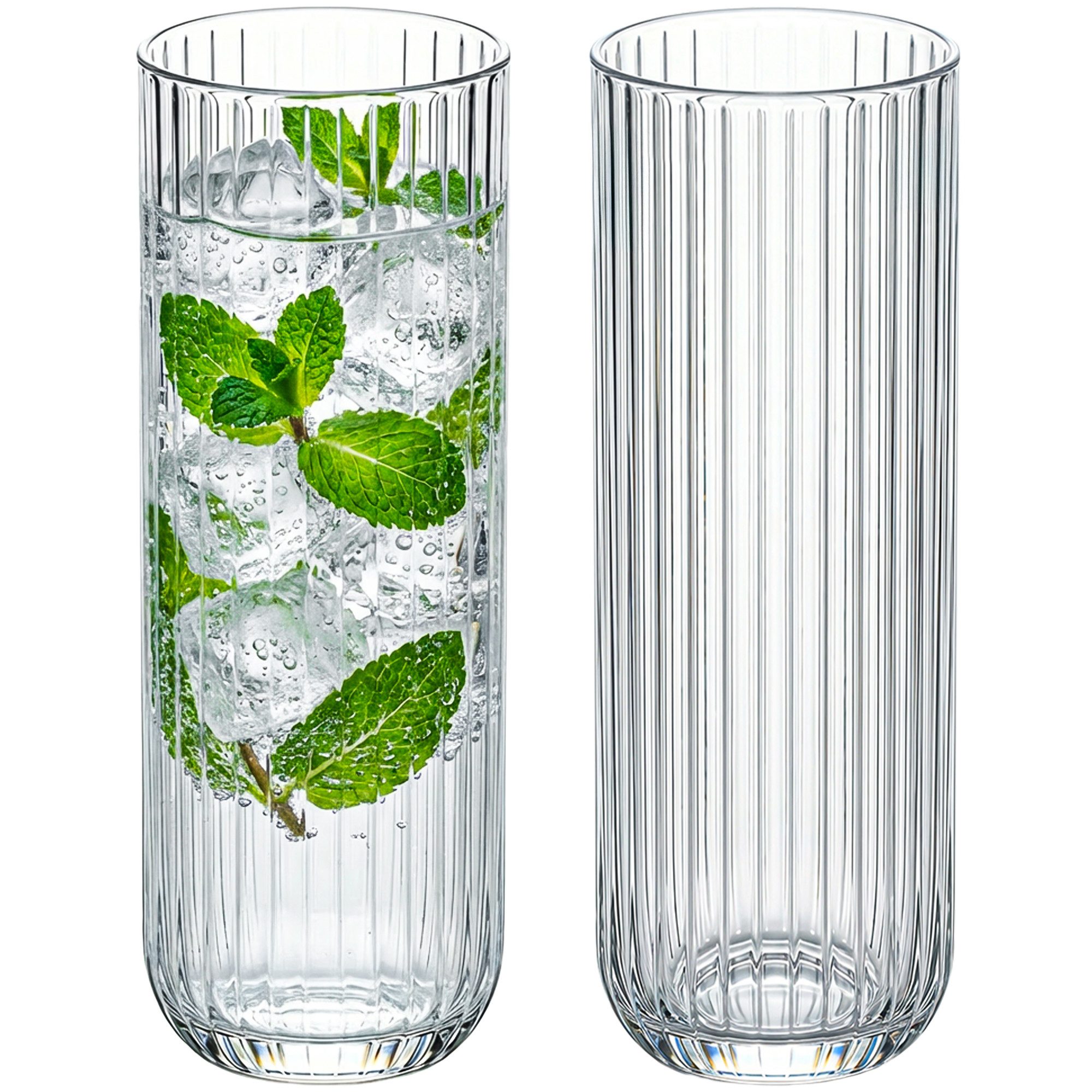 KONZEPT Gläser-Set 6er – 320 ml geriffelte Longdrinkgläser aus klarem Glas, 6-tlg., Einzigartige Form, Ideal für Cocktails, Gin Tonic, Eiskaffee
