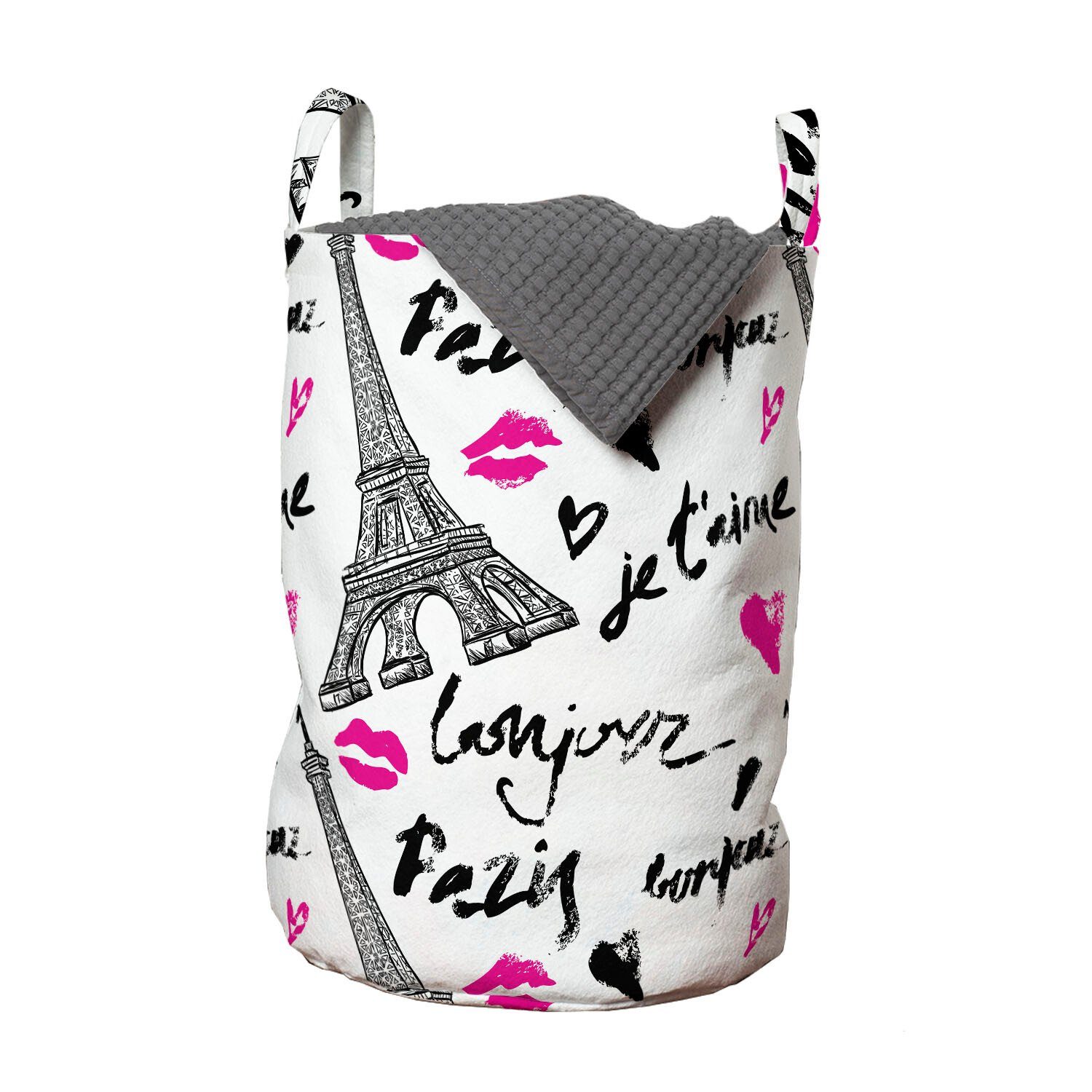Abakuhaus Wäschesäckchen Wäschekorb mit Griffen Kordelzugverschluss für Waschsalons, Paris Pink Kiss Eiffel Liebe