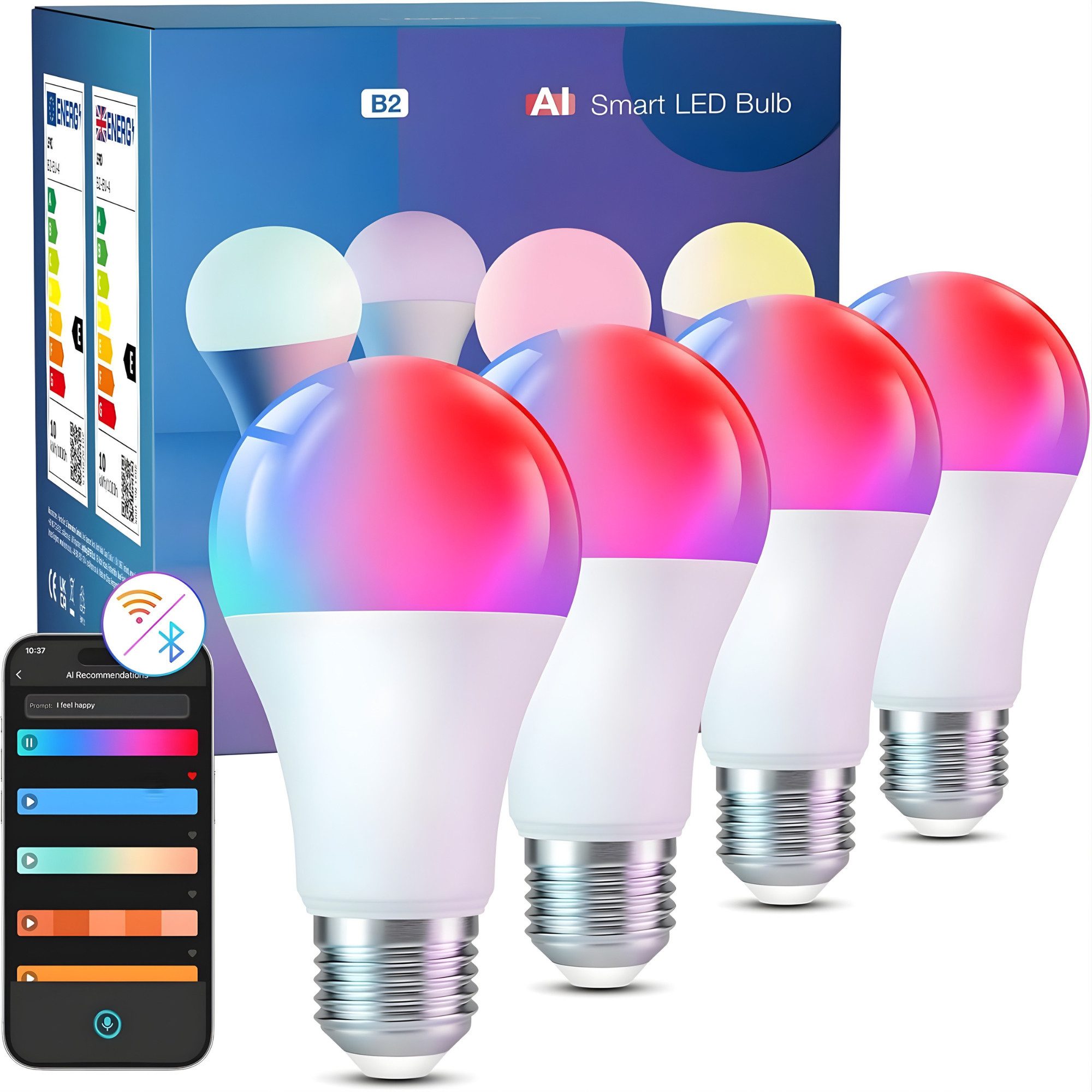 Athlix Deckenstrahler 4 Stk. RGB Glühbirne E27 LED Leuchtmittel Fernbedienung WIFI, LED fest integriert