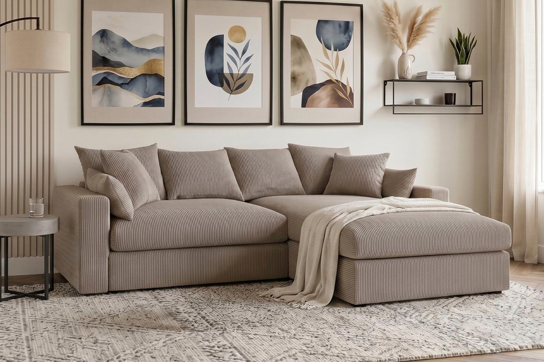 OTTO home Ecksofa Cosy Lounge L-Form, Breite 268 cm, Mega-Sofa mit Cordstoff bezogen, mit Federkern & 5 Zierkissen